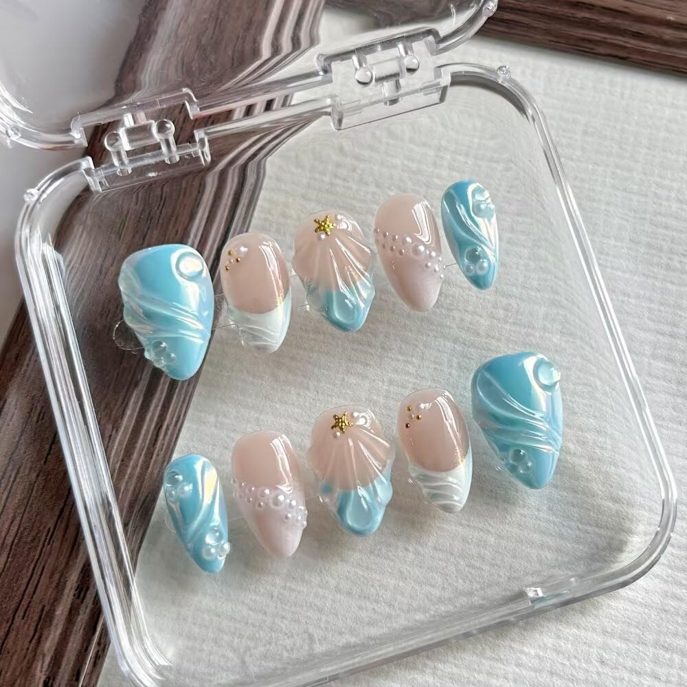 10Pcs Handmade Press On Nails, Spring & Summer French Almond Nails, 3D Blue Shell and Gold Plated Decoration Design, Reusable Acrylic Fingernail Salon Artificial Nails Kit (Size S)