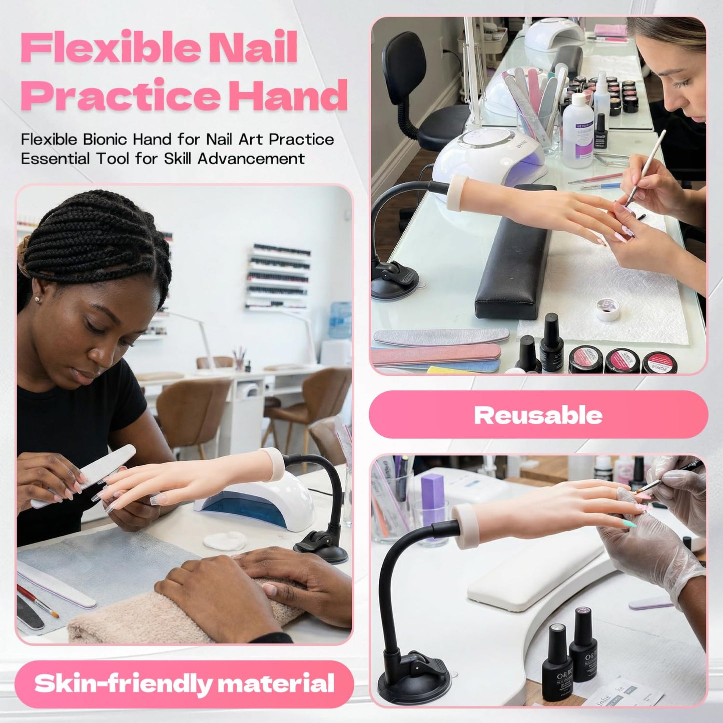 Practice Hand for Acrylic Nails, 2 Pack Flexible Bendable Nail Hand with Adjustable Stand, Nail Training Kit for Beginners & Nail Artists (Left and Right)