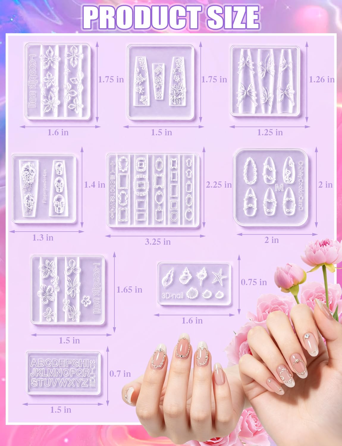 9 Pcs 3D Nail Art Silicone Resin Molds, 3D Art Flowers Nail Charm Molds Letter Resin Mold, Multiple Shapes Butterfly Shell Photo Frame Skull Nail Design Mold for DIY Manicure Accessories Supplies