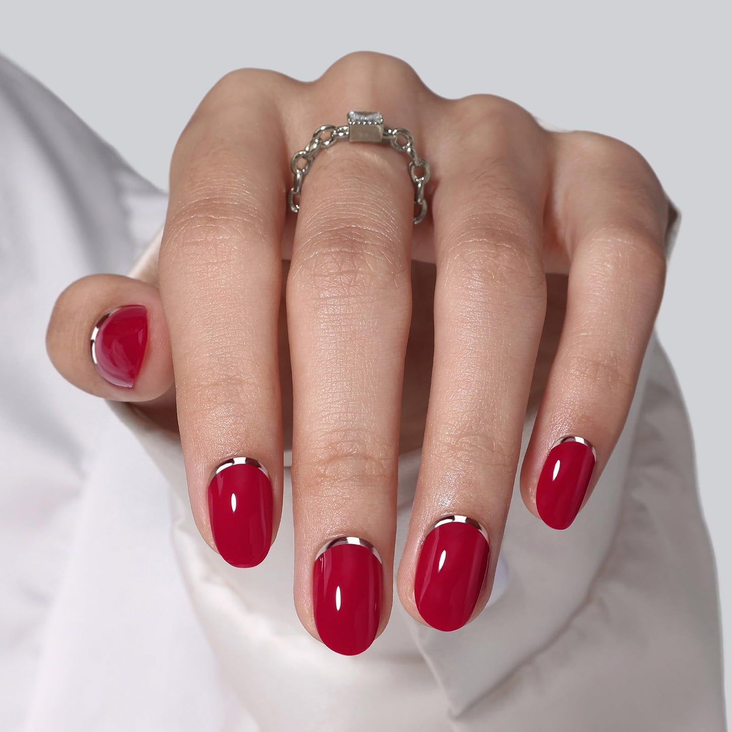 Red Press on Nails Oval - SHANGMENG Soft Gel 3D Silver Foil Short Press on Nails for Women, Seamless Fit Glue on Nails in 16 Sizes - 32 Reusable Fake Nails Kit with Glue, Crimson Curve