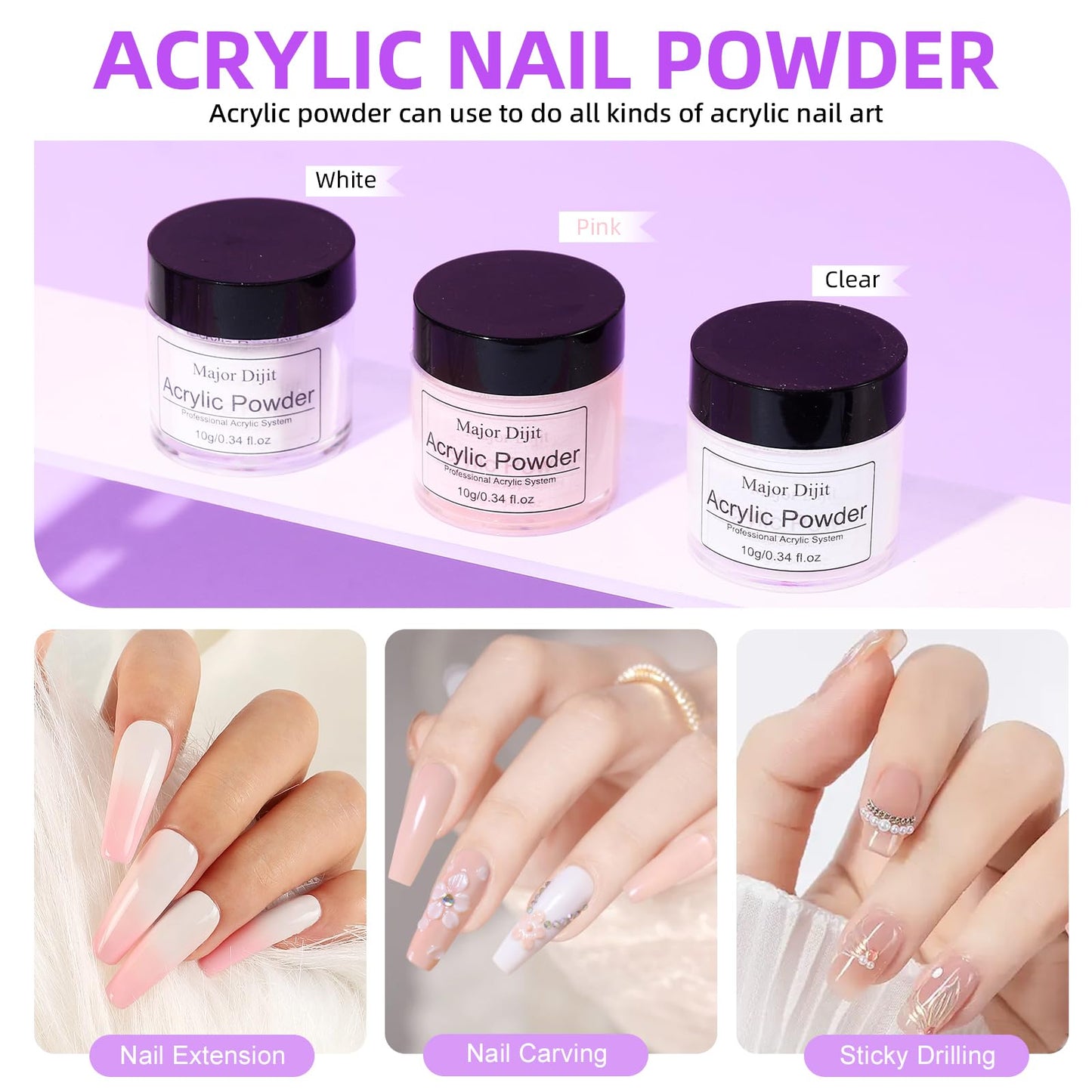 Major Dijit Acrylic Nail Kit with Drill Clear White Pink Acrylic Powder Acrylic Liquid Top Coat Base Coat Nail Primer Set for Beginners with Everything DIY Nail Art Tool Gift Home Salon