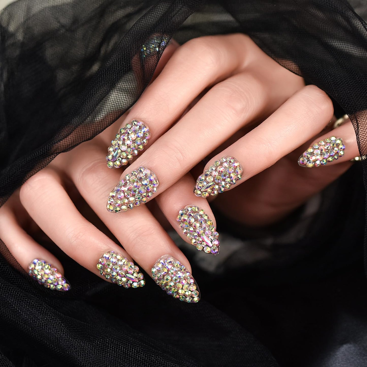 Elevenail Handmade Nails 24pcs Full Cover 3D Rhinestones Press On Nails Almond Medium Length Nails Women Girls Gifts Salon Manicure Shiny Crystal Nail Art Tips Fake Nails Reusable Acrylic False Nails