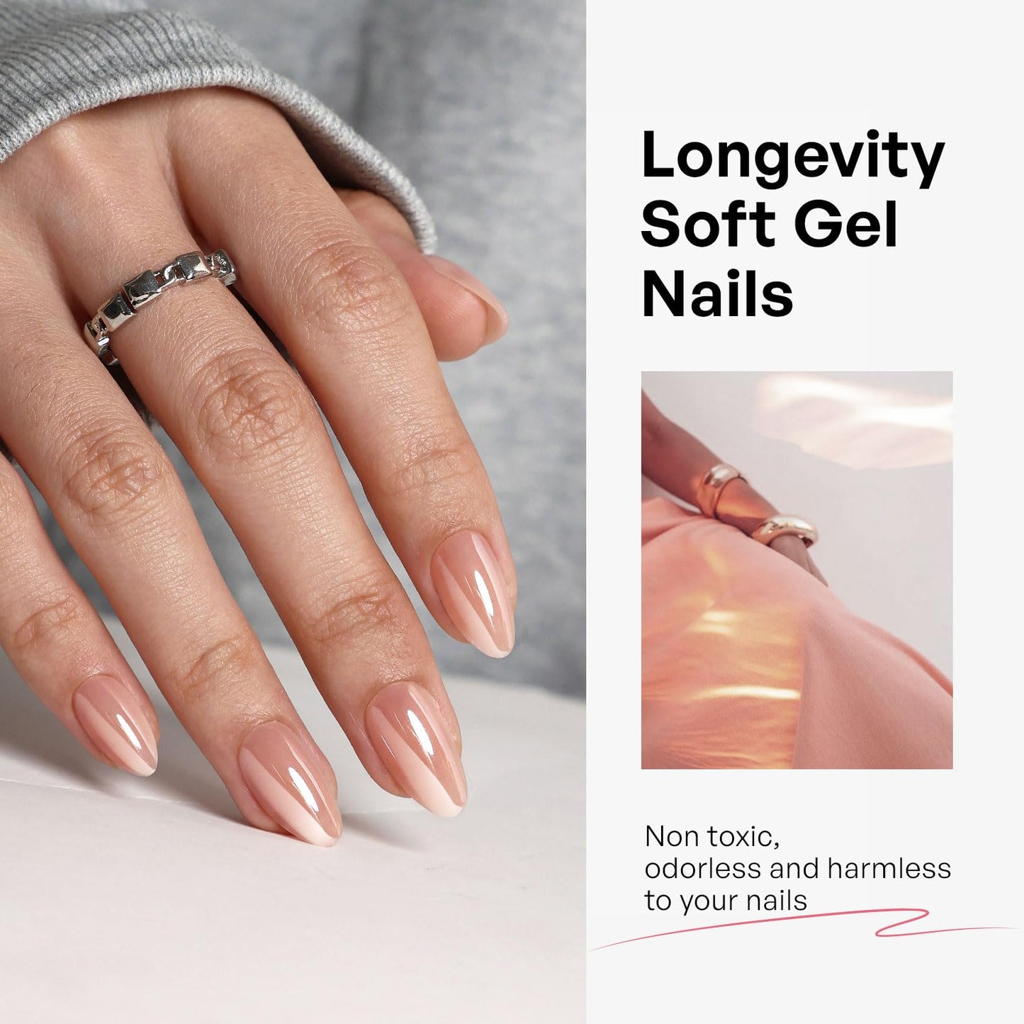 Champagne Chrome Glazed Donut Press on Nails Short - GJZEZ Soft Gel Pastel Almond Fall Fake Nails Press Ons, Ultra-Glossy Holographic Pearlescent Iridescent False Nail | 16 Sizes - 32 Reusable Nail