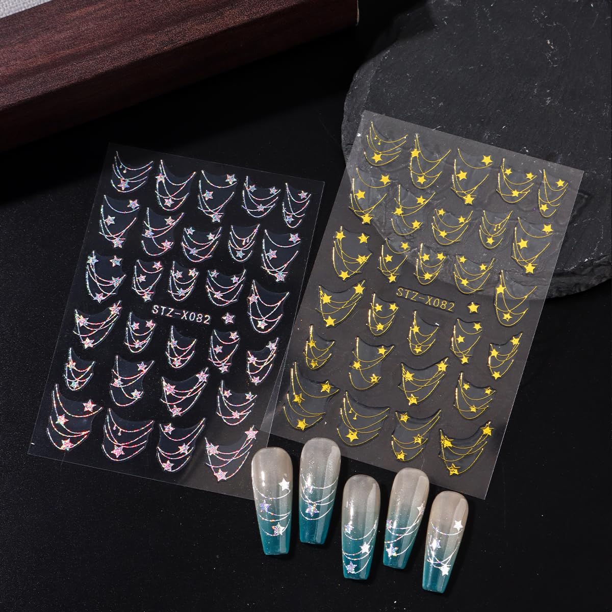 6 Sheets French Tip Line Nail Art Stickers 3D Self-Adhesive Gold Laser Silver Star French Stripe Nail Stickers Necklace Star Nail Decals French Curve Line Nail Supplies for Women DIY Nails Decoration