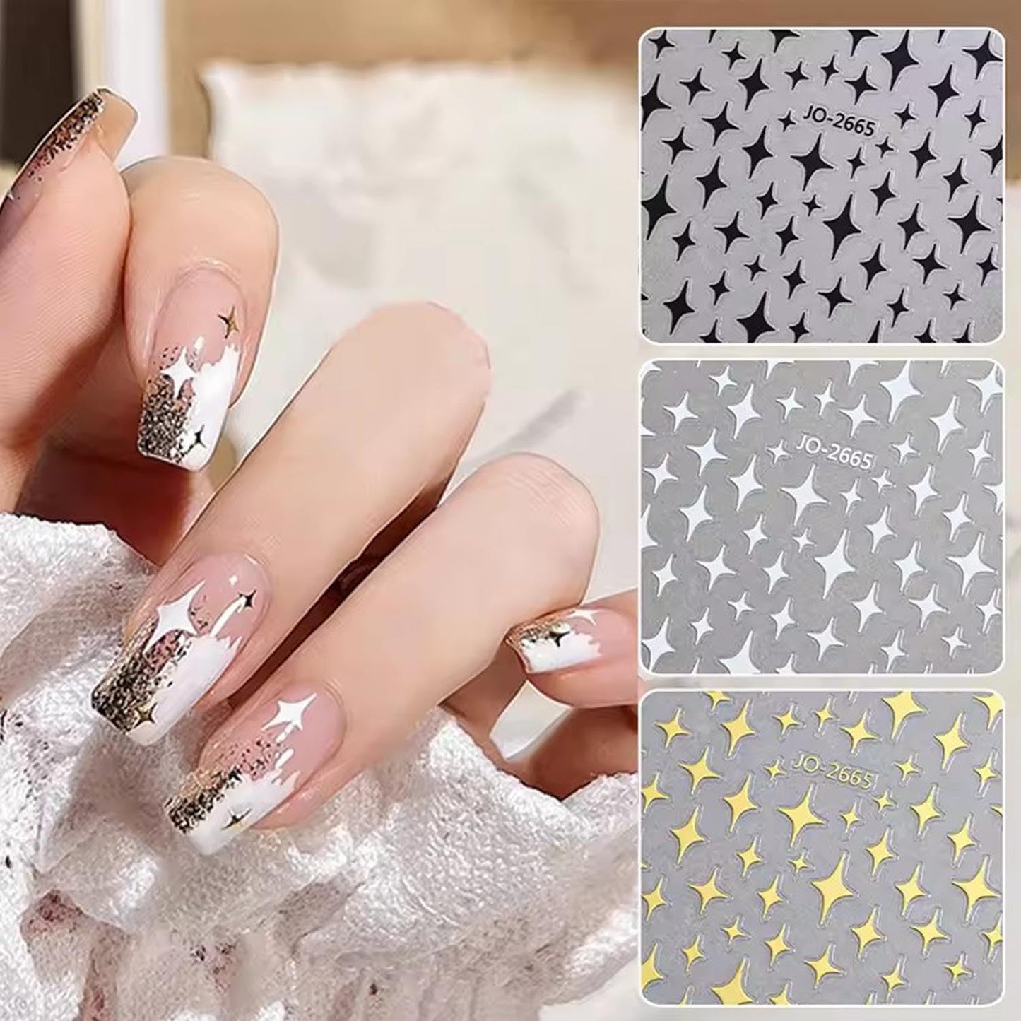 8Sheets Star Nail Stickers for Nail Art 3D Glitter Star Shiny Gold Silver White Black Stars Nail Art Sticker Star Light Nail Design Nail Supplies Stars Sticker for Women DIY French Manicure Decoration