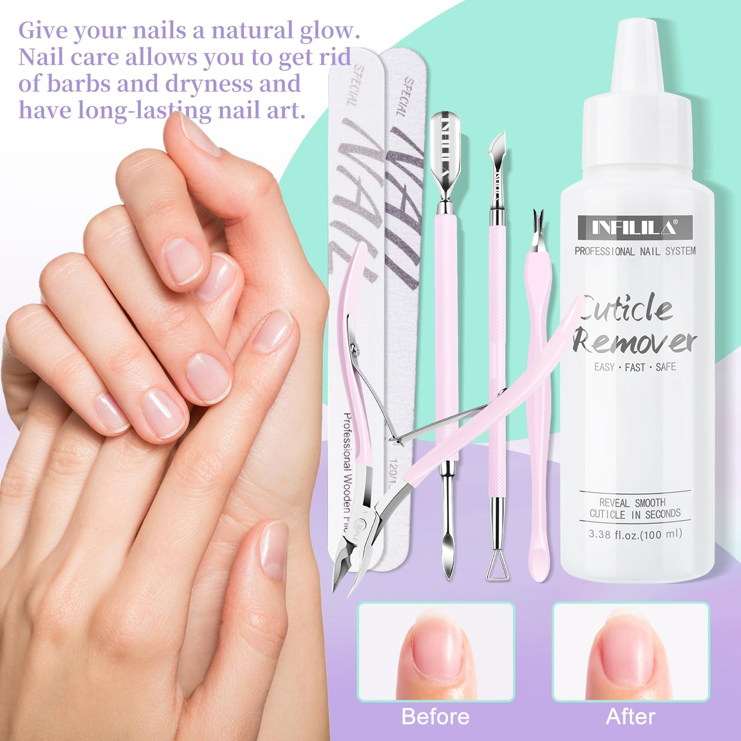 NXJ INFILILA Cuticle Kit, Manicure Kit for Women Cuticle Remover Liquid Cuticle Softener 3.38 oz, Cuticle Trimmer Cuticle Pusher, Cuticle Oil, 200PCS Nail Wipes with Nail Wipes, Gifts for Nail Care
