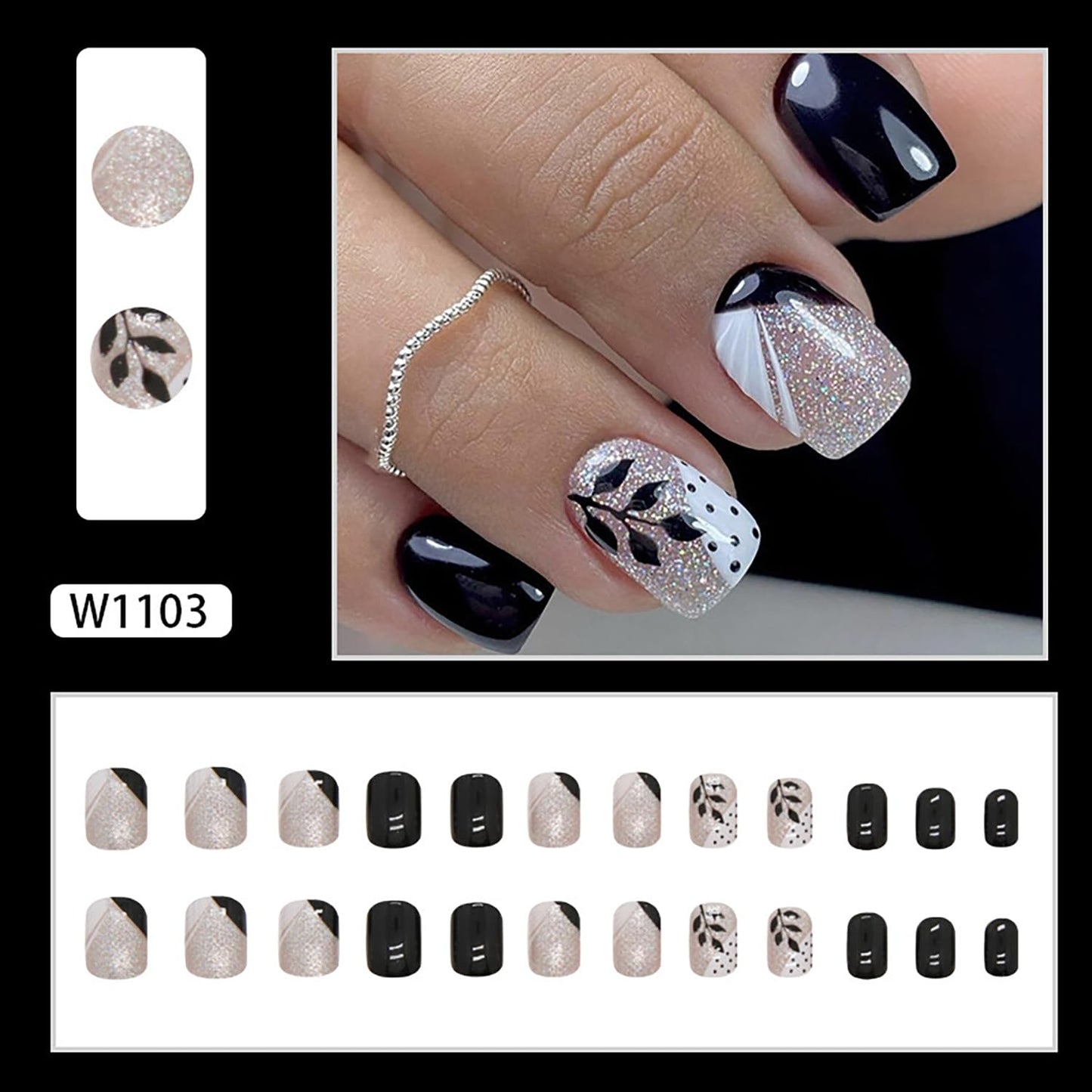 Vezocim Leaf Press on Nails Square Shapes, 24Pcs Black Short Artificial Fake Nails with Leaf Designs, Full Cover Glossy Coffin Acrylic False Nails, Stick on Fingernails for Women Girls(W1103)