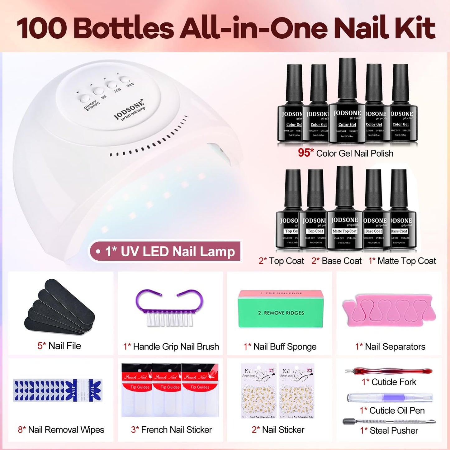 JODSONE 100 Bottles of Gel Nail Polish Kit with U V Led Light 95 Multiple Glossy Glitter Colors Mint Green Light Pink Nail Gel Base Coat Glossy and Matte Top Coat