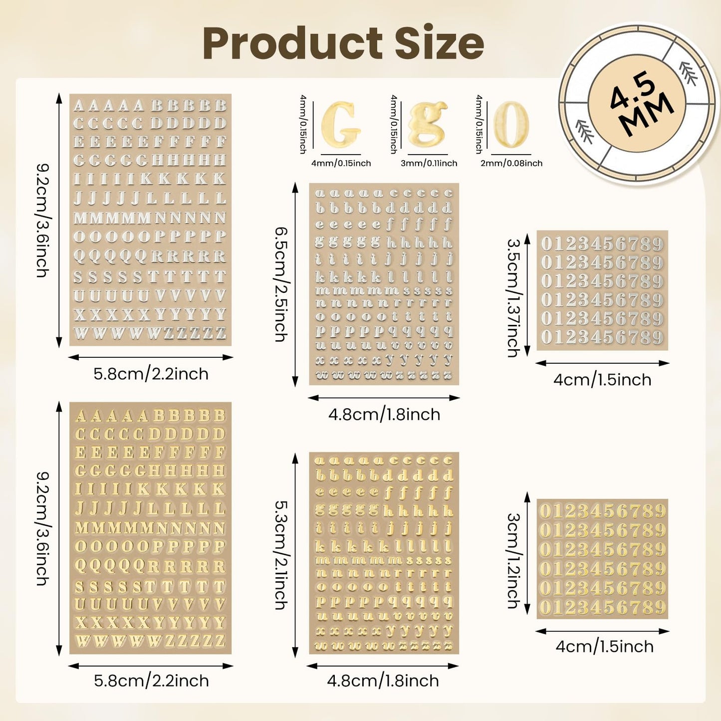 EORTA 6 Sheets 4.5mm Alphabet Number Stickers Mini Letters Stickers Glitter Alloy Self Adhesive Stickers for Keyboard Epoxy Resin Casting Decoration DIY Crafts Scrapbook, 4.5MM