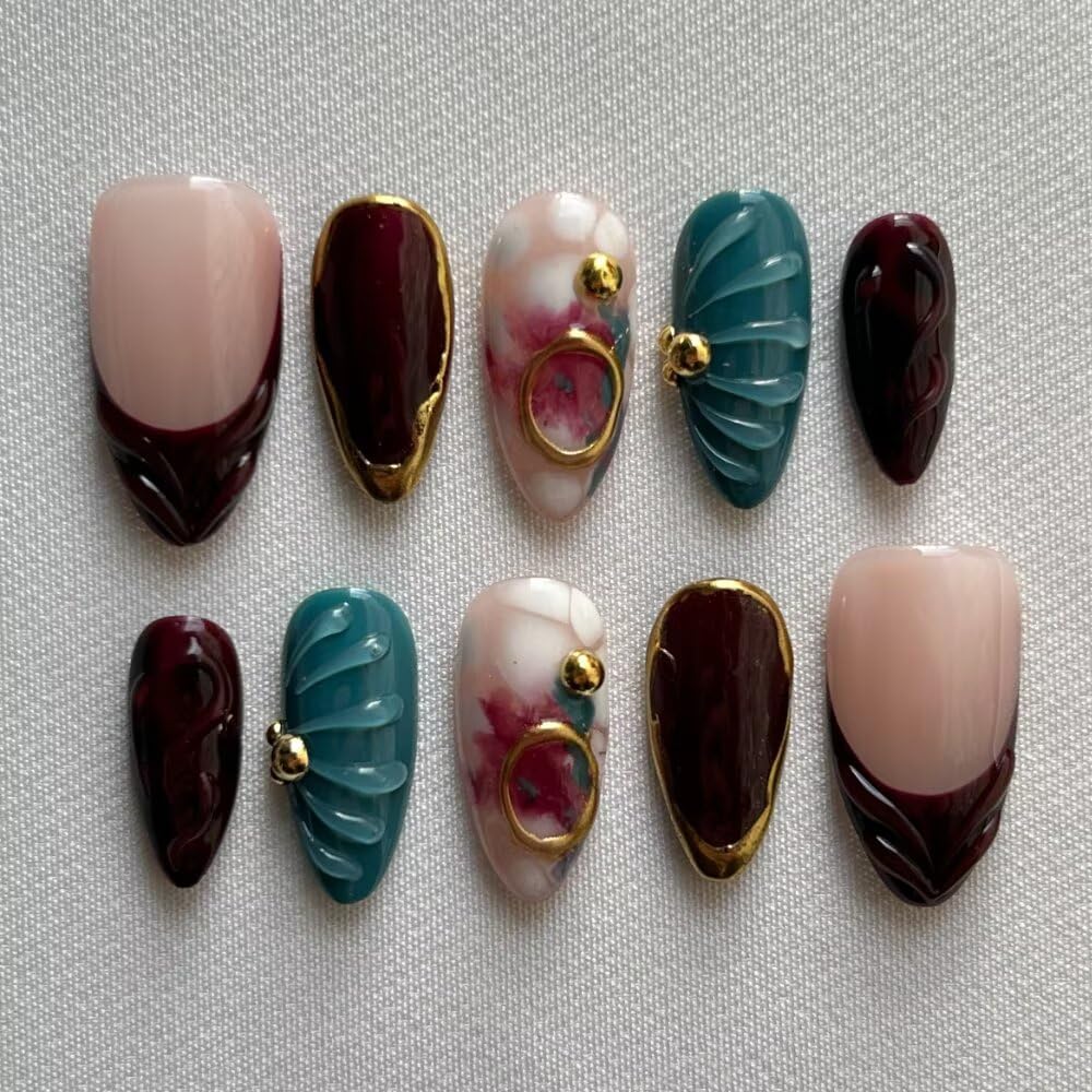 MAGLFELL Fall Press On Nails - Handmade GEL Medium Length Almond Fake Nails, Brown Rendering Painting Design, Reusable Artificial Almond False Nails for Women 10 Pcs Acrylic Nails Kit (Size S)