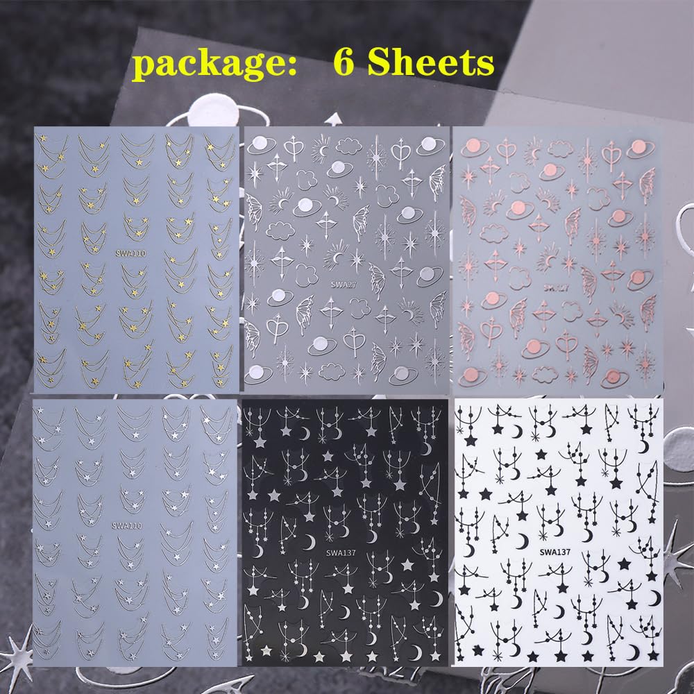 6 Sheets Star Nail Stickers for Nail Art, 3D Self-Adhesive Nail Decals, Moon Butterfly Nail Supplies Nail Art Design Accessories for Women Girls Manicure DIY Decoration