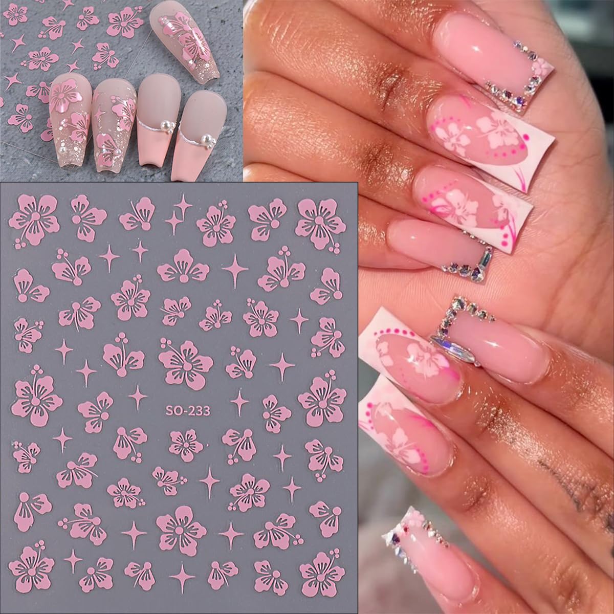 6Pcs Flowers Nail Art Stickers Decals 3D Pink Hibiscus Flower Nail Stickers Rose Gold Silver Yellow White Floral Nail Art Design Decoration Daisy Petals Nail Decals Cute Nail Supplies for Women Girls