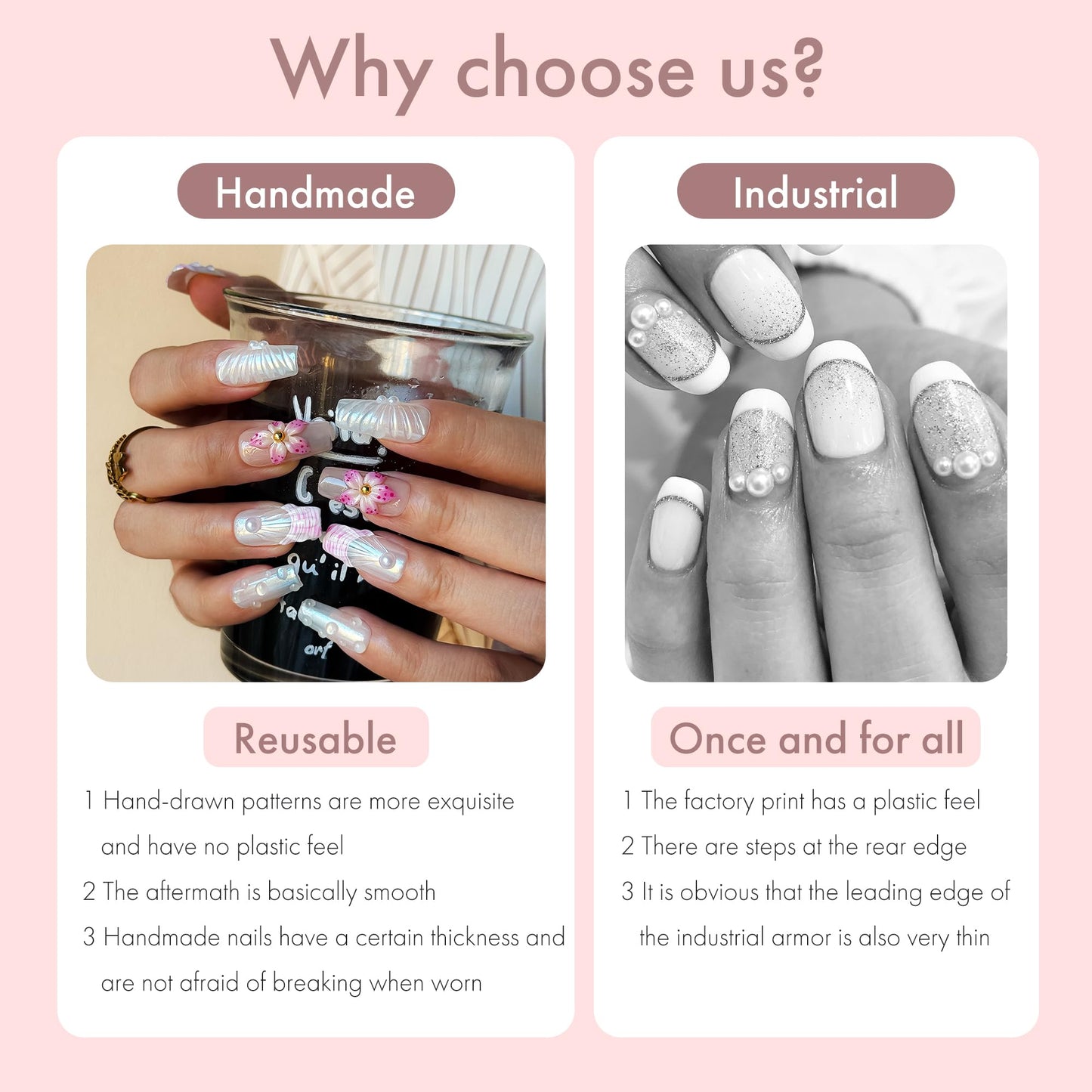 Pink Shell Dream Romantic 3D Floral Pearl Press on Nails, Elegant Girly Acrylic UV Gel Fake Nails for Women, Cute Press-Ons for Date Party Daily Wear (Pink, S)