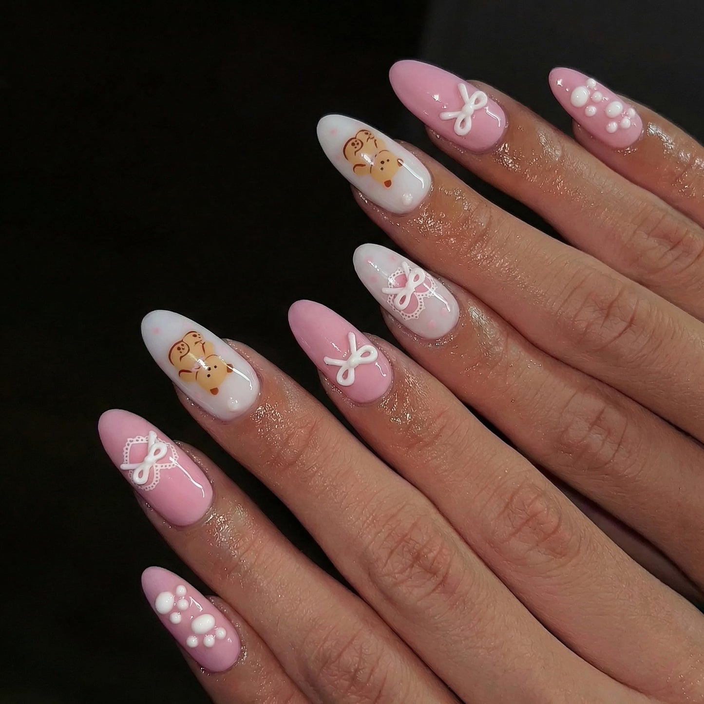 BABALAL Kawaii Bear Press On Nails, Almond Fake Nails with 3D Bow & Paw Print, Pink French Acrylic Full Cover Stick On Nails for Women 24Pcs