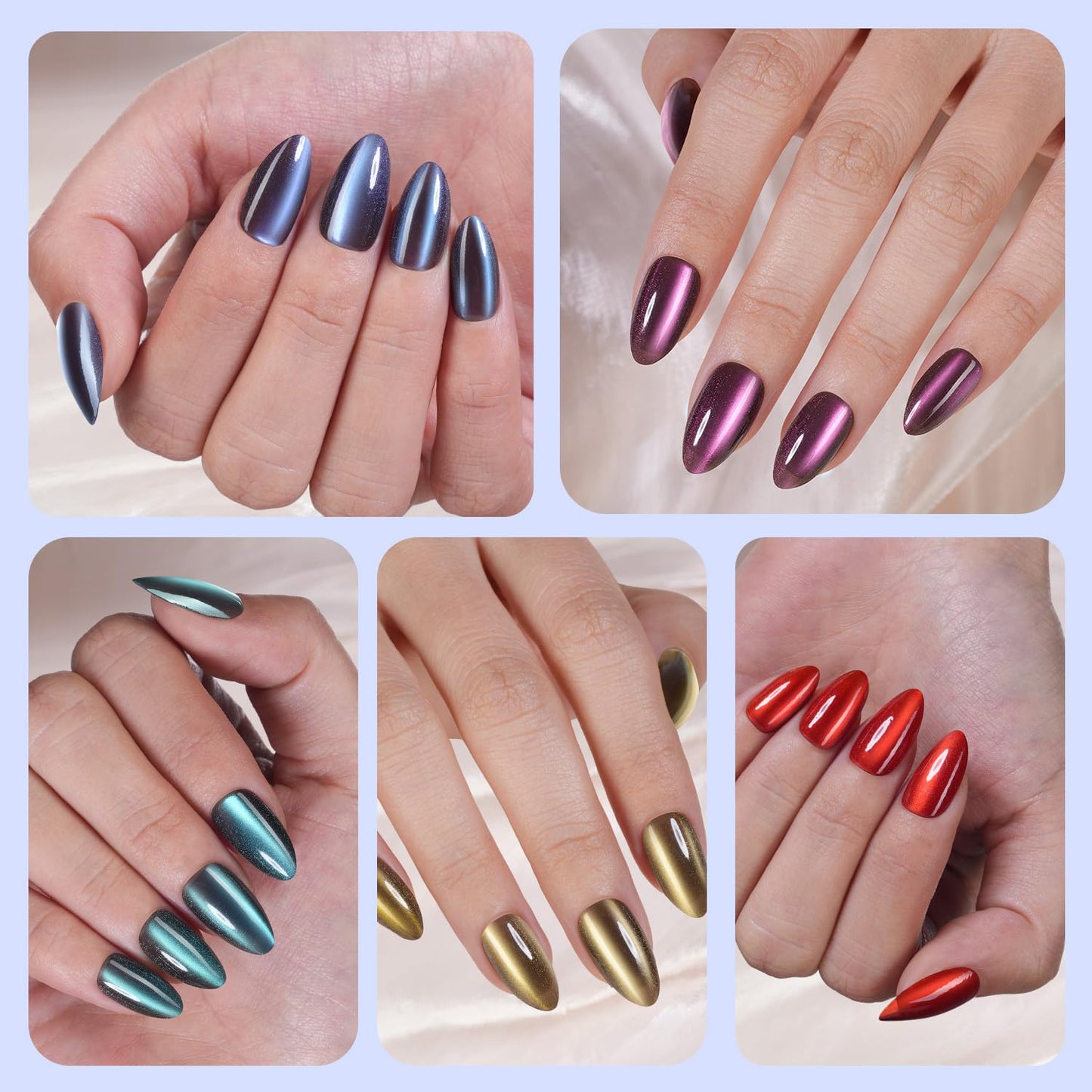 300Pcs Cat Eye Press on Nails Medium Almond, Plauva Soft Gel Fake Nails, Glossy Glitter Cat Eye Nail Tips for Women and Girls Stick On Nails in 15 Sizes