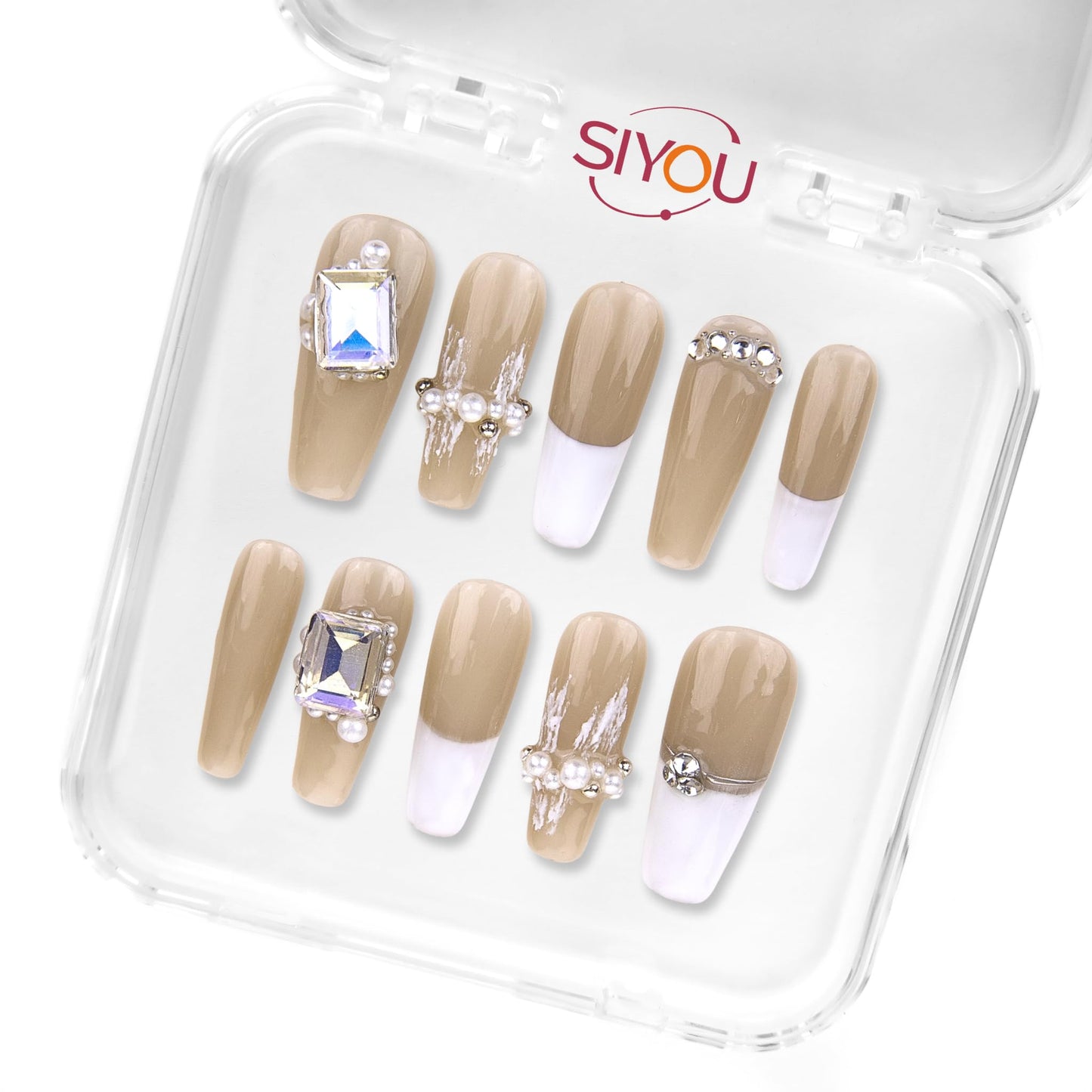 SIYOU Beauty | Crystal Coffin French | Beige and White French Tip Rhinestone Long Coffin Press On Nails for Women (Medium) - Reusable, Salon-Quality Fake Nails (10pc)