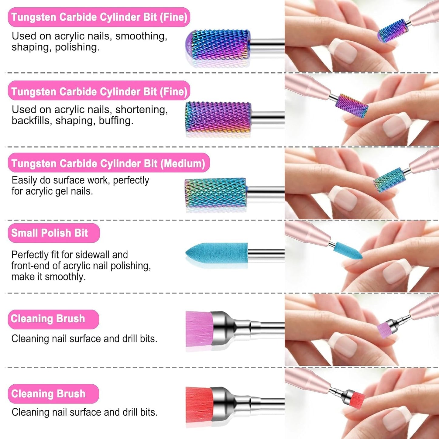 Cellentool 30Pcs Nail Drill Bits Set, 3/32 Inch Tungsten Ceramic Diamond Carbide Nail Drill Bits for Acrylic Gel Polish, Cuticle Efile Remover for Manicure Pedicure