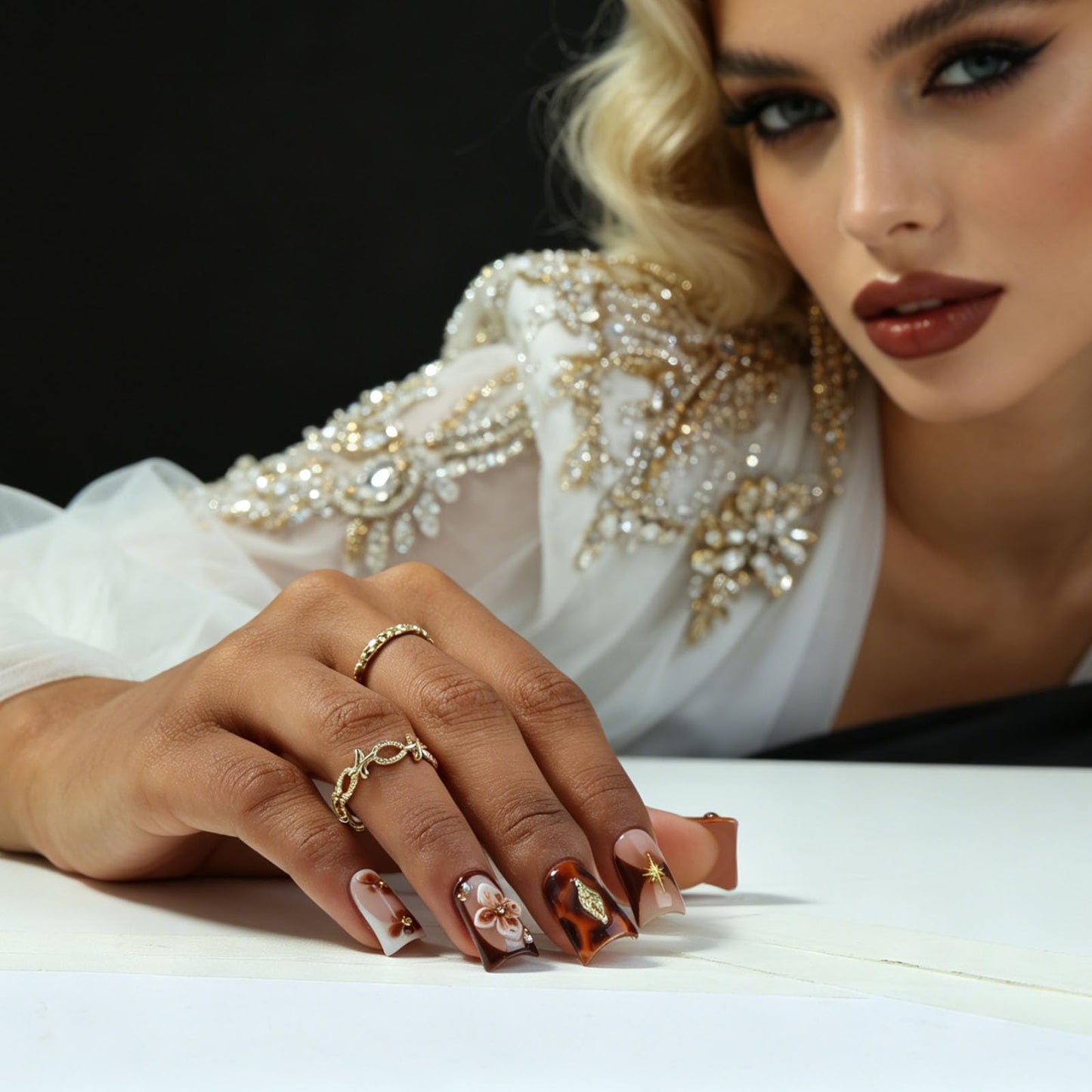 Cherry Duck Press on Nails 10pcs, Handmade Tortoise Shell Floral Nail Art, Glossy Nude Brown Fake Nails with 3D Flower and Gold Charms for Women – Appife