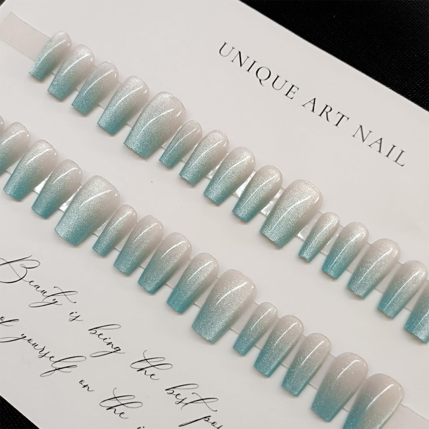 Sparkle Blue Press on Nails Blue Glitter Ombre Fake Nails Glossy Silver Sparkly False Nail Medium Coffin Reusable French Tips Stick on Artificial Fingernails for Women Elegant Style