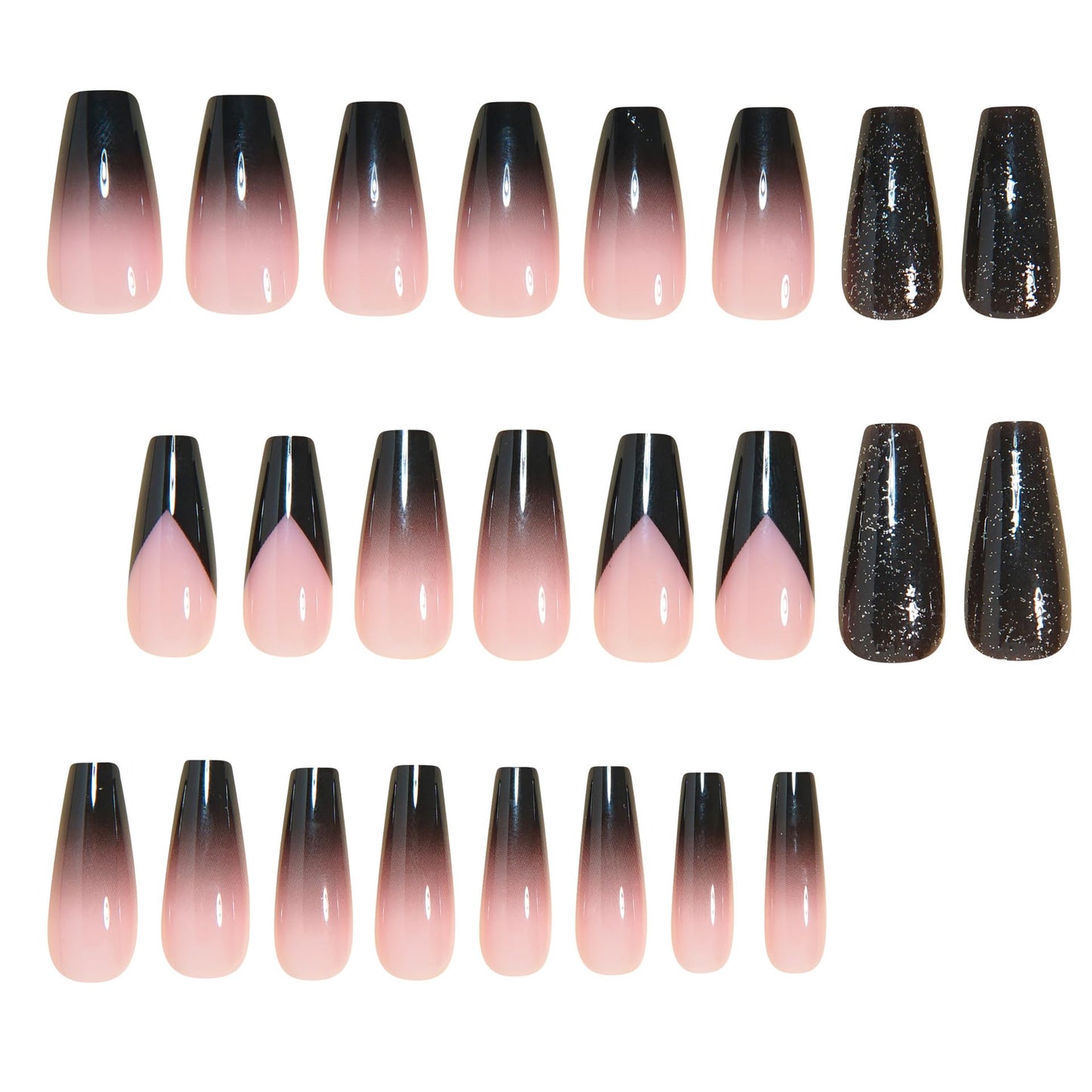 MERVF Coffin Press on Nails Long, Black Ombre French Tip Fake Nails Glitter Glue ons Solid Color Chevron Design Acrylic Nail Glossy 24pcs