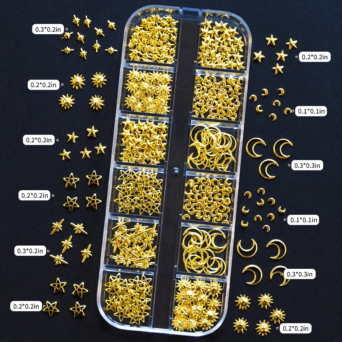 Gold Star Nail Charms Silver Moon Nail Art Charms, Alloy Sun Nail Rhinestones, Alloy Gold Nail Art Rhinestones for Women 2Boxes