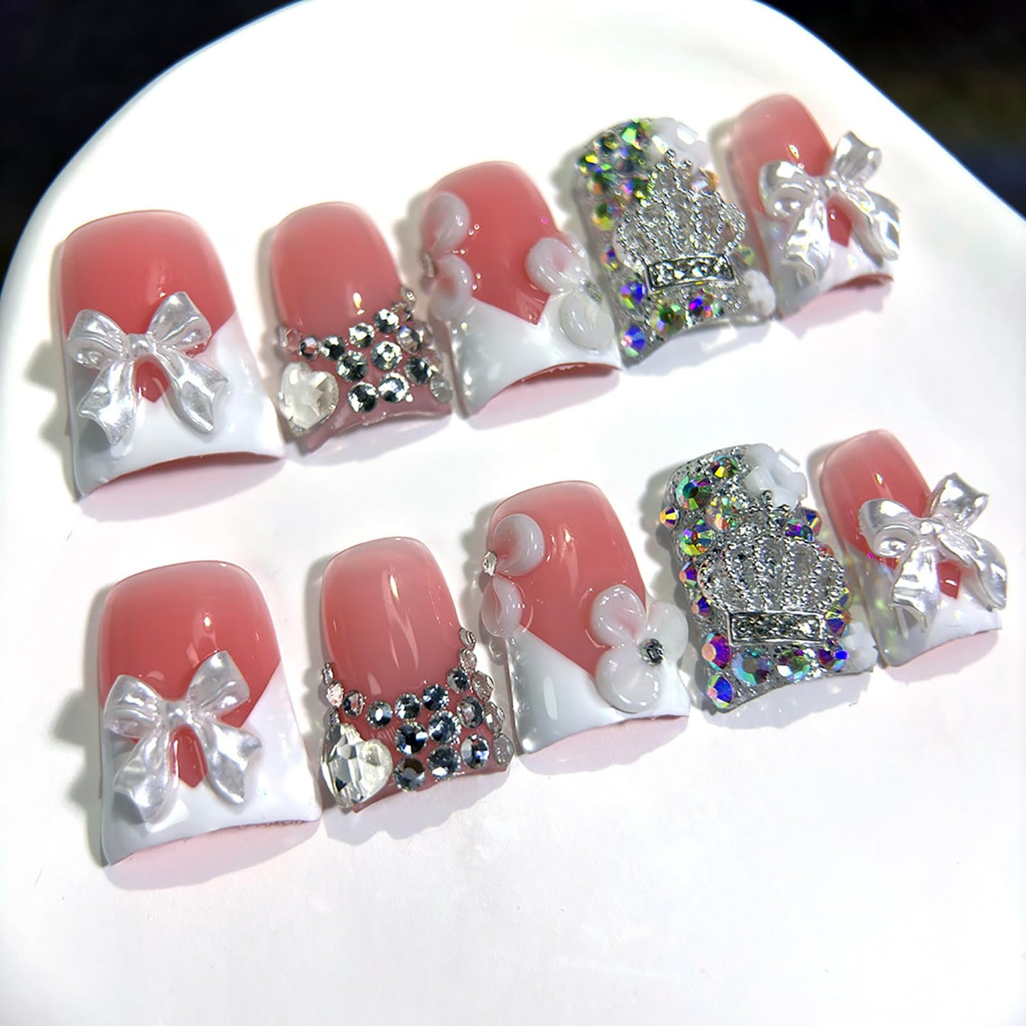 10Pcs Handmade Press on Nails Short Duck Fake Nails with 3D Bow Flower Rhinestone Design White French Tip False Nails Reusable Handmade Nails Press ons Artificial Full Cover Glue on Nail for Women (S)