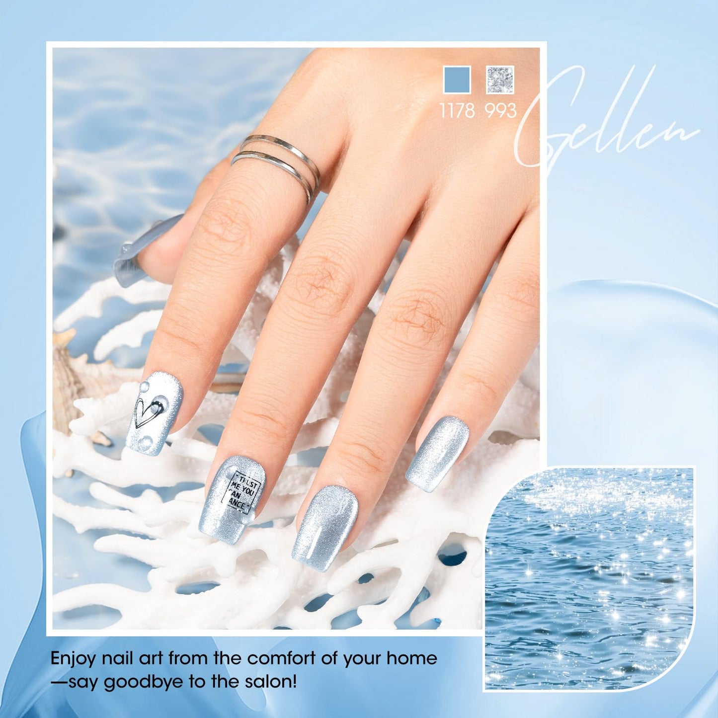 GELLEN Jelly Blue Gel Nail Polish Set, 6pcs Transparent Jelly Blue with Silver Glass Cat Eye Gel Nail Polish with Magnet, for Salon Nail Art at Home DIY