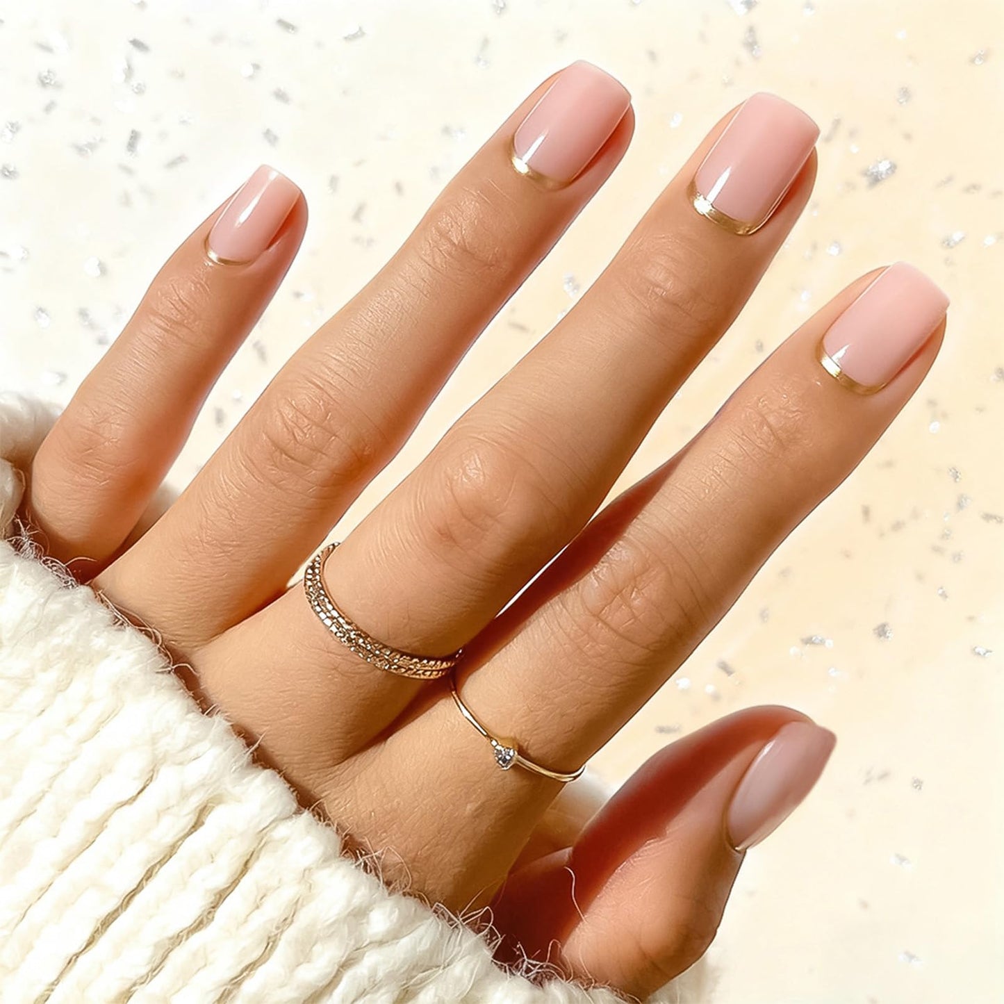Short Square Press on Nails with Minimalist Design Glossy Gold Glitter Fake Nail French Tips False Nails Casual Glue on Artificial Fingernails Nude Pink Full Cover Stick on Nail for Women Daily Wear