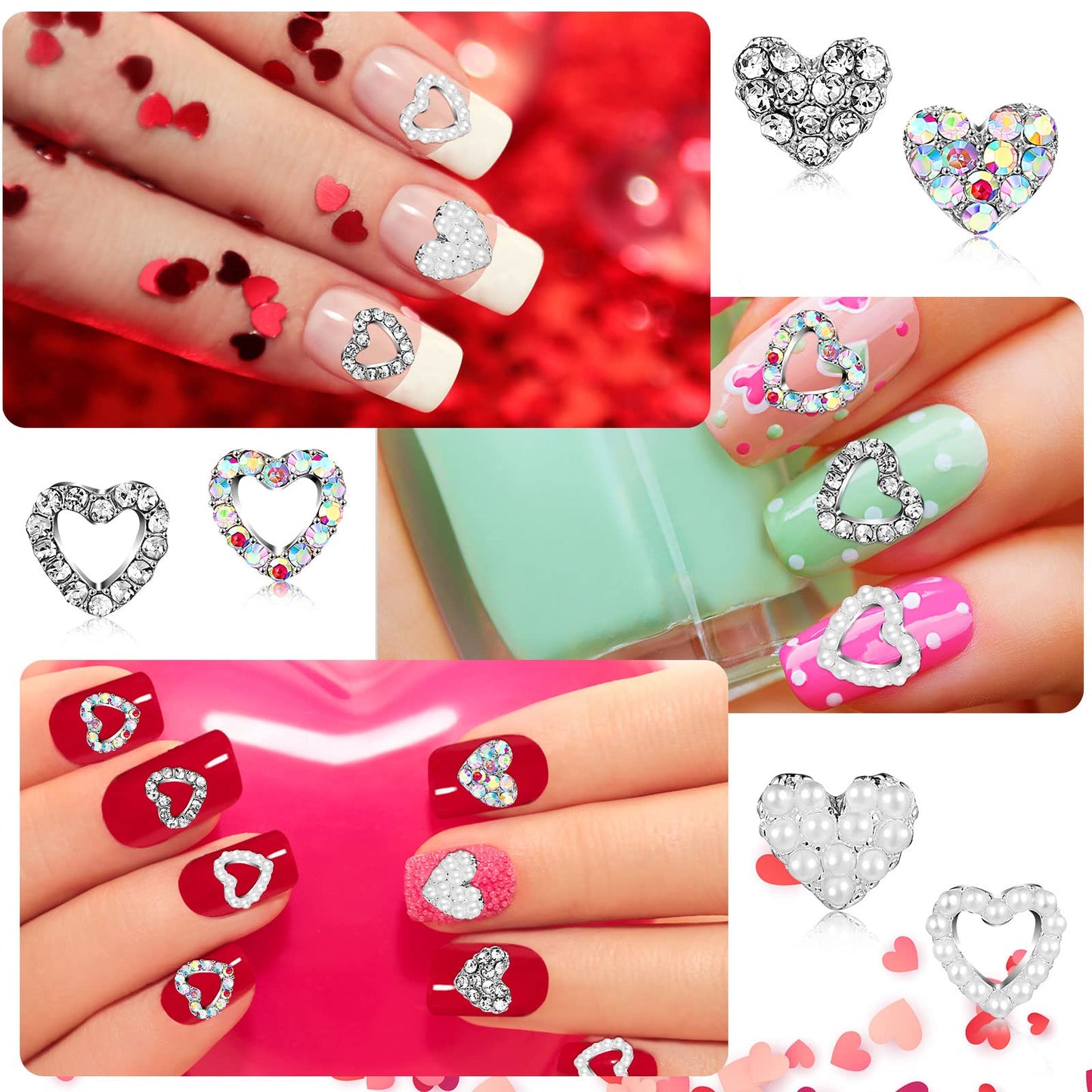 Leelosp 36 Pcs Heart Nail Charms for Nail Art, 3D Heart Rhinestone Decals Silver Crystal Charms Diamond Alloy Gems for Women Decorations