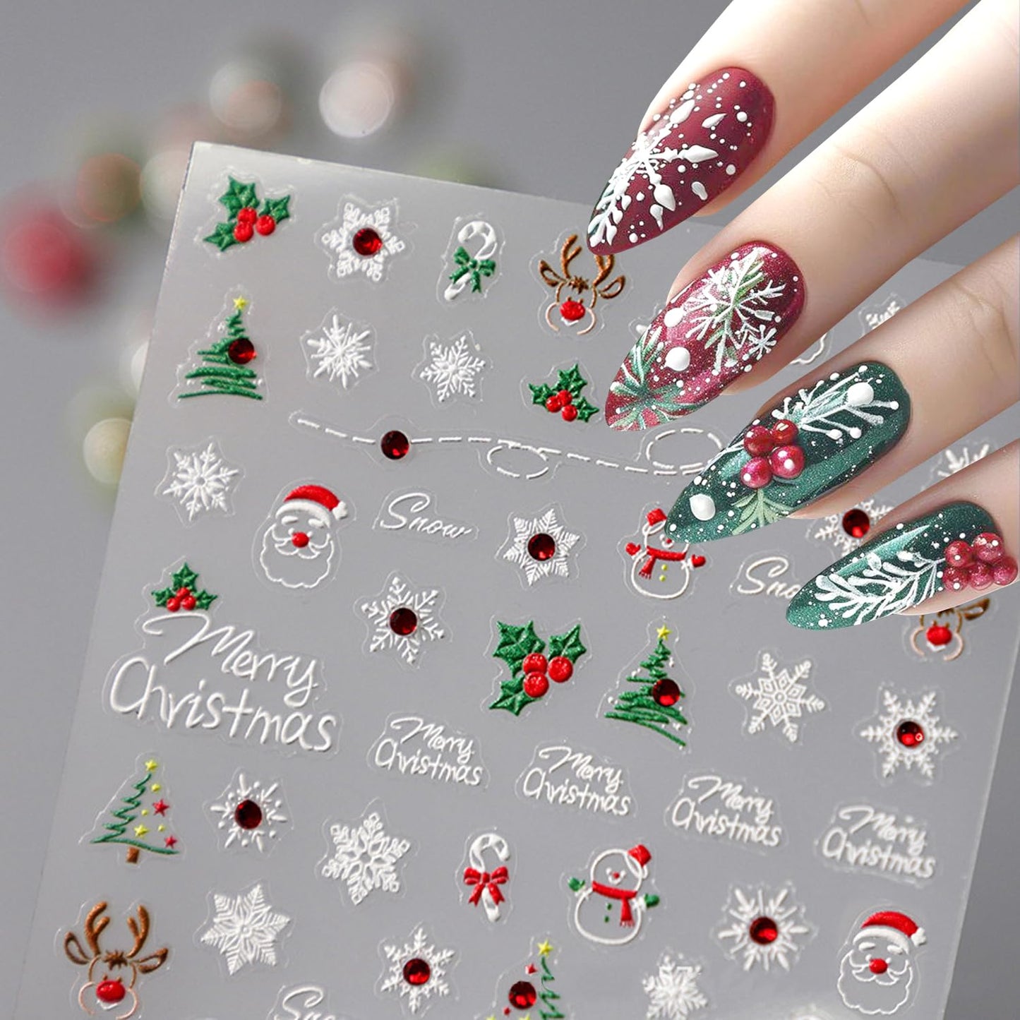 Christmas Nail Art Stickers Decals 5D Embossed Cute Santa Claus Snowman Nail Stickers Self-Adhesive Winter Snowflake Nail Decal with Red Rhinestones Charms Designs Nail Sticker for Women Nails Decor