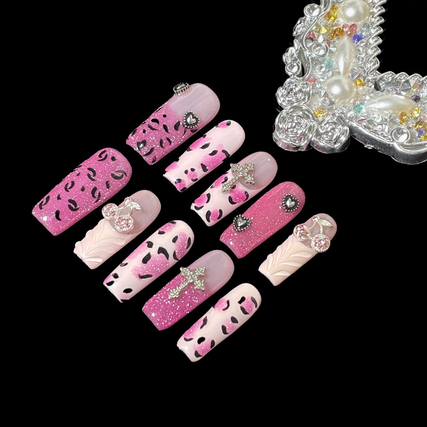 Handmade Press On Nails Pink Leopard Print Design Medium/Long Square Cherry Charms, Glitter Ombre Artificial Acrylic Thick False Nails (Sparkle, M)