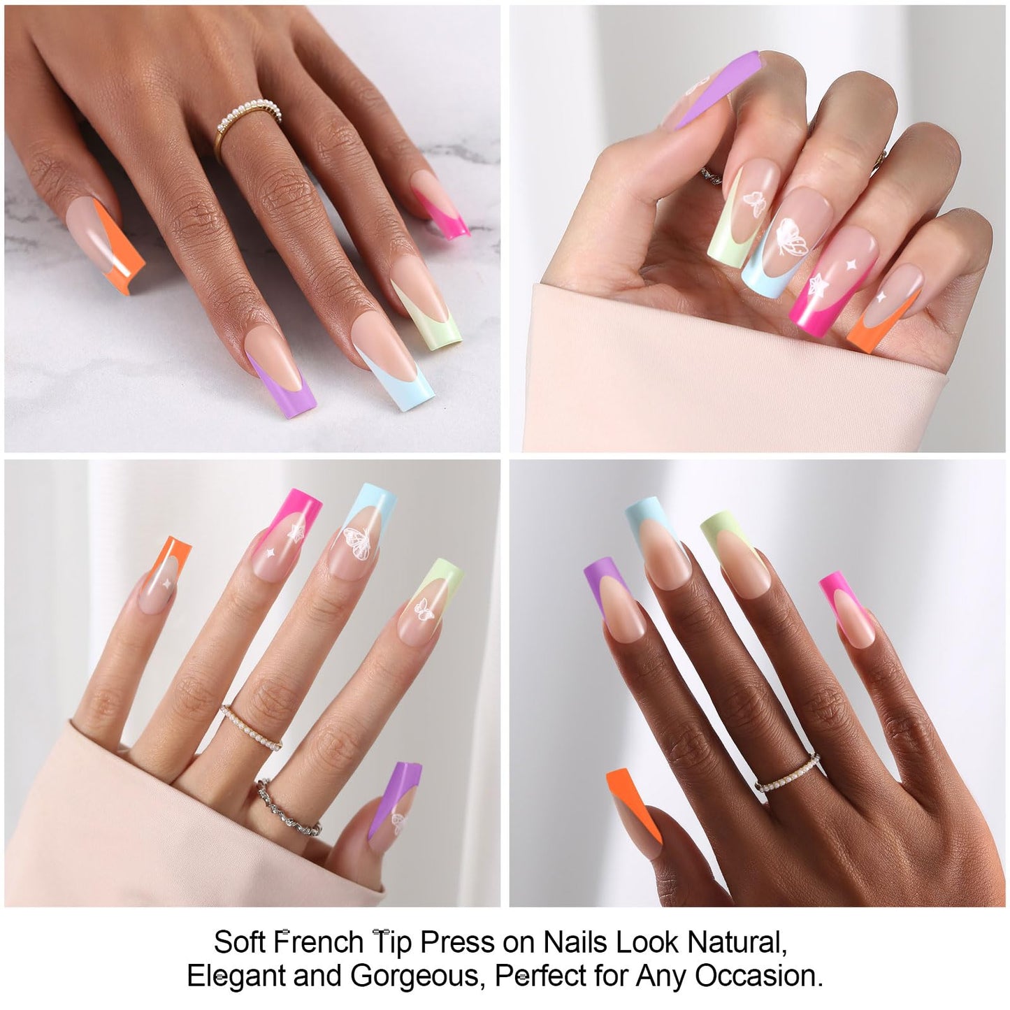 300Pcs French Tip Press on Nails, OPkssnails French Press On Nails Long Square, Pre-shaped No Need to File 3 in 1 Gel Nail Tips, Acrylic Fake Nails for Nail Art DIY Extension Designs 15 Size