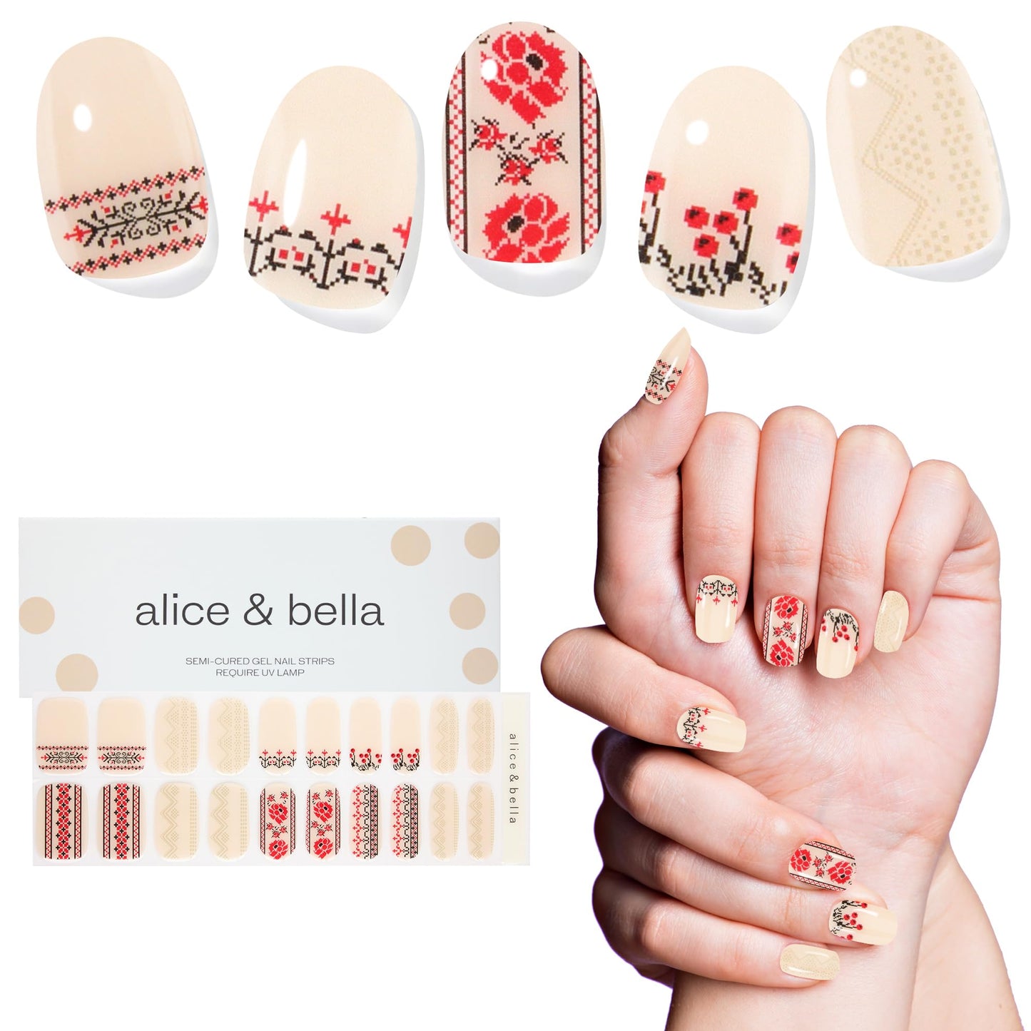 ALICE & BELLA Semi Cured Gel Nail Strips-20 PCS Christmas Tri-Color Cross Stiched Design Nail Strengthening Gel Stickers, Use with UV Light Lamp, Salon Quality Manicure Wraps (Kvitka)