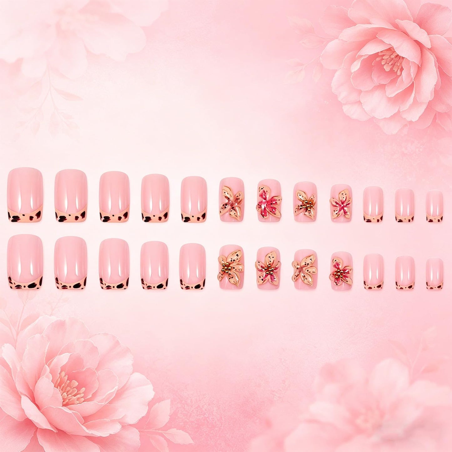 Cheetah Press on Nails with 3D Flower and Leopard Print, Medium Square Fake Nails, Reusable Glossy Brown Leopard False Nail Floral Stick on Artificial Fingernails for Women Daily Wear