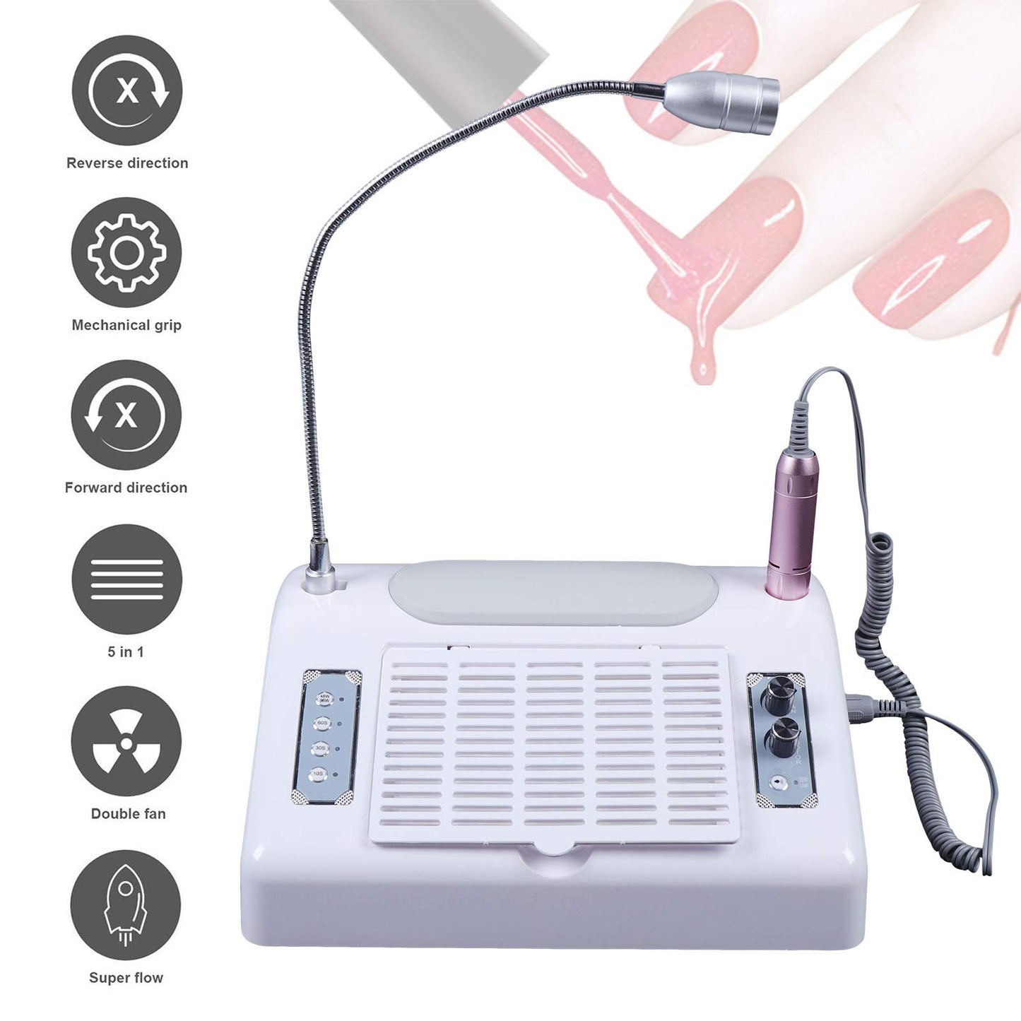 Kathring Nail Dryer Vacuum Multi-Purpose Manicure Machine, 5in1 UV Manicure Machine with 30,000rpm Electric Nail Drill, 96W UV LED Nail Lamp, 6W Table Lamp and Hand Pads for Salons and Homes