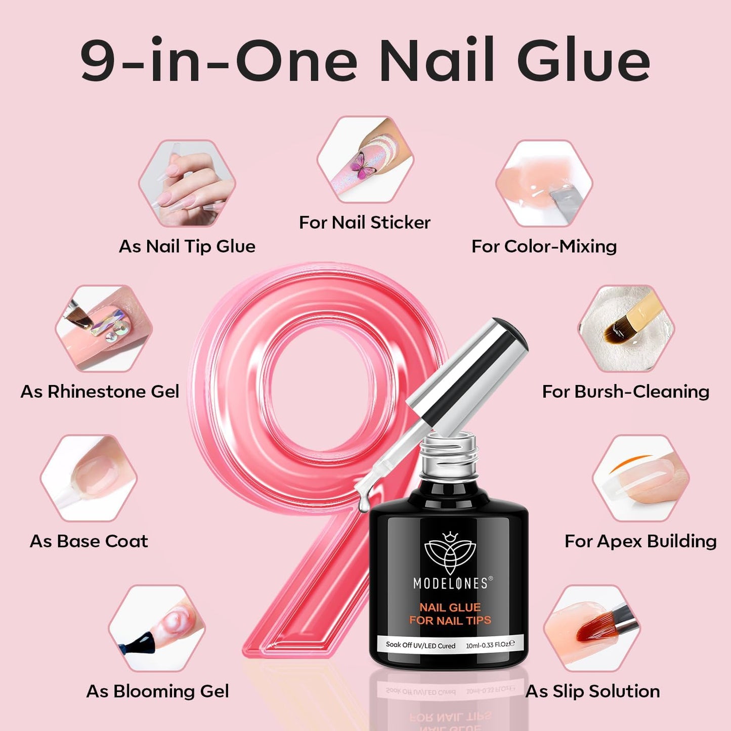 modelones X Nail Gel Kit Long Coffin, 9-in-One Nail Glue with Mini UV Light 216Pcs 12Sizes Pre-Etched Press ons Fake Acrylic Extension Kit DIY Salon Gift
