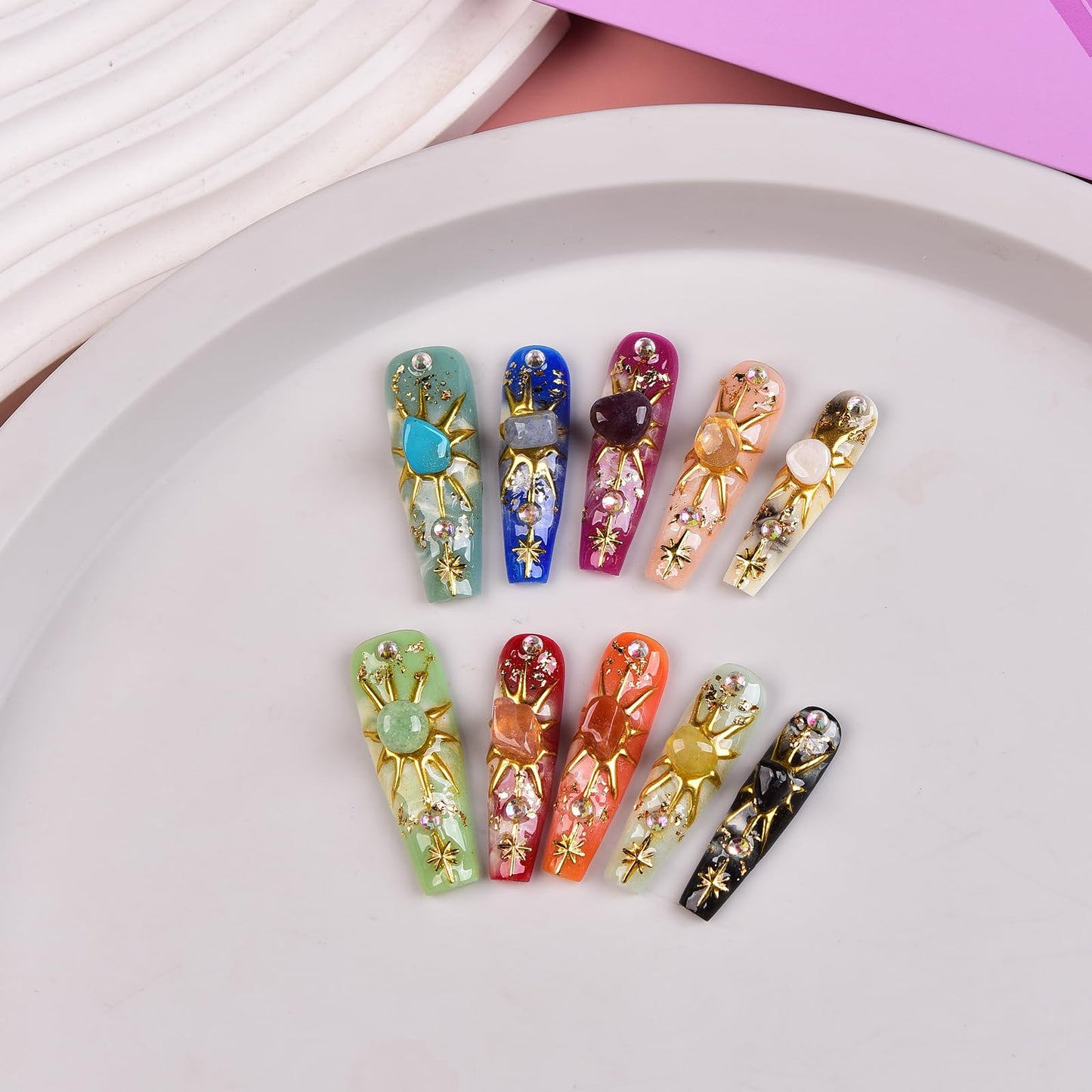 Tmani 10pc/set Long Handmade Press On Nail Hot Girl's Long Nails Ten Kinds of Natural Crystal Stone Decoration Fake Nails Suitable For Girls Festival Parties and Birthday Gift(260,S)