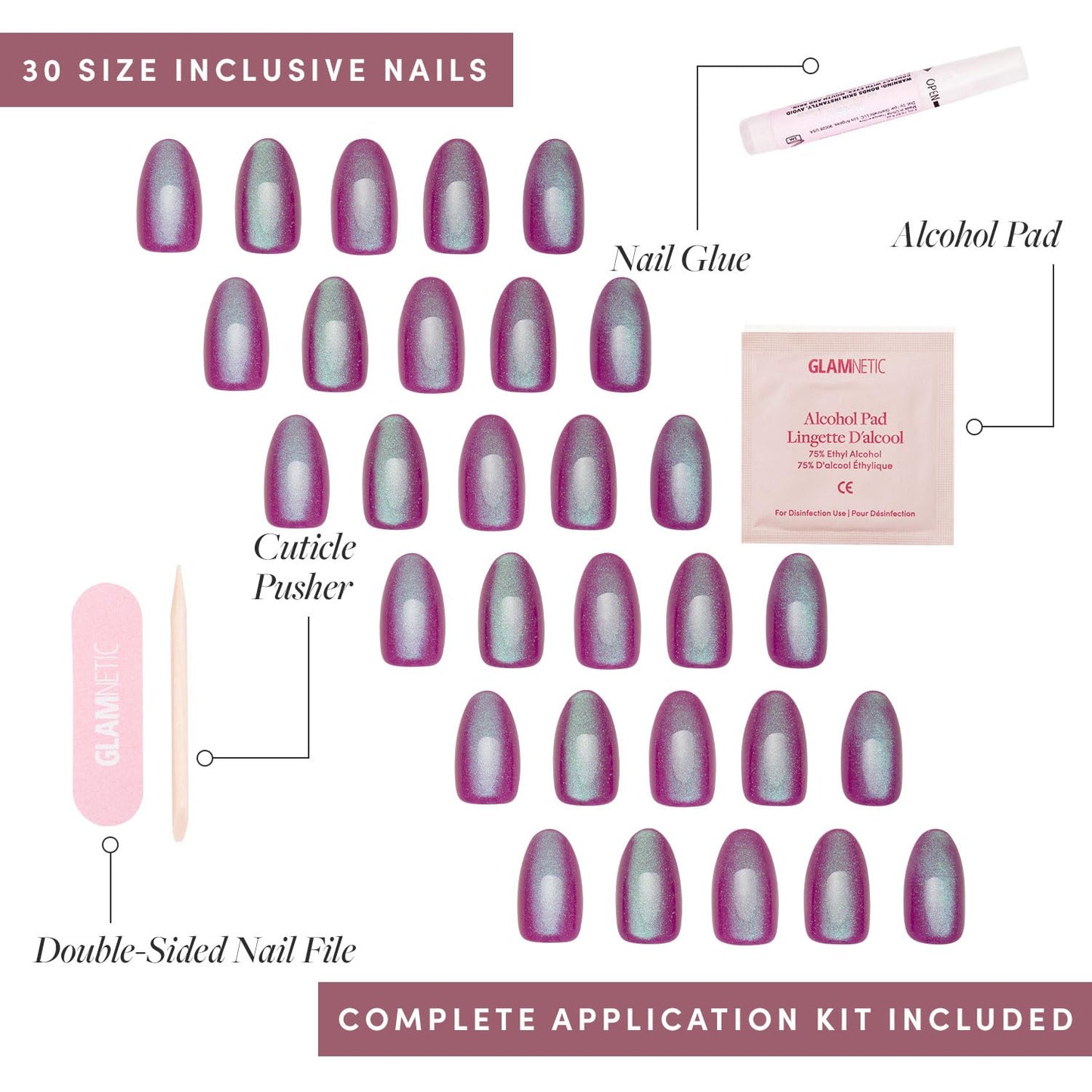 Glamnetic Press-On Nails - Berry Fizz | Super Strong Brush On Nail Glue & Nail Adhesive Tabs | Short Oval, Magenta Nails with Velvet Metallic Finish | 15 Sizes - 30 Nail Kit
