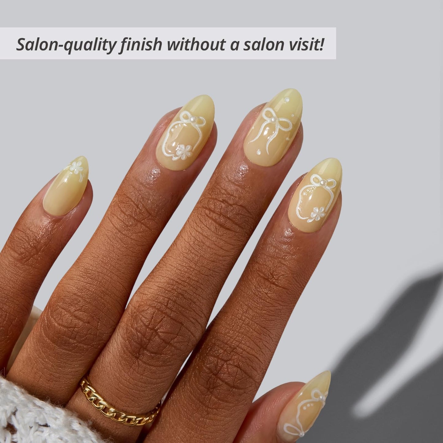 BTArtbox Press On Nails Short - Garden Trellis, Lamp-Curable 4-Week Wear 3D Bow Yellow Almond Press On Nails with Glue and Adhesive Tabs, Easy-to-Apply in 16 Sizes - 32 Nails All-in-One Kit