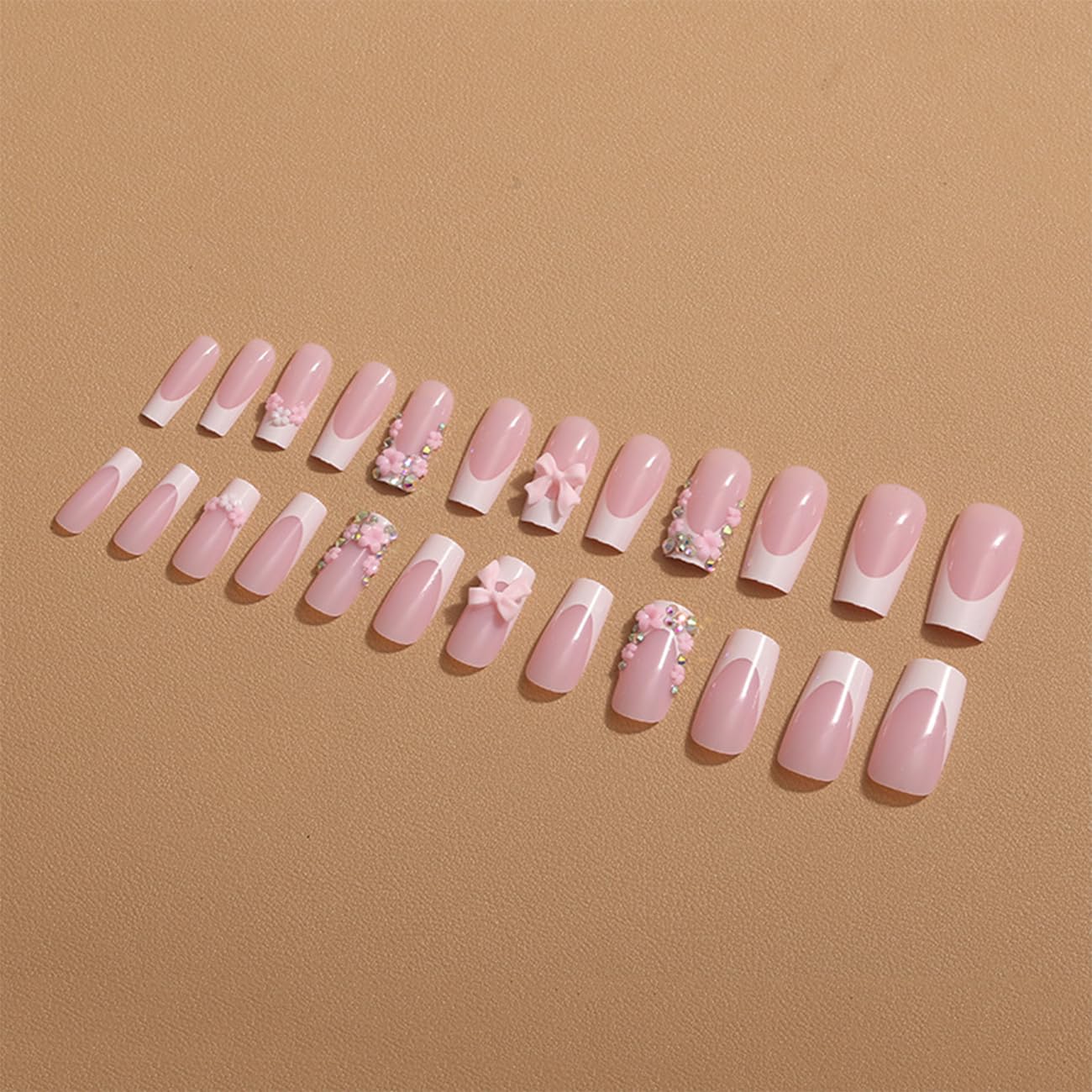 French Tip Press on Nails Medium Length Fake Nails 3D Bow Flower Design Nude Color French Nail Tips Charms Nails Rhinestones Nails for Women Daily Wear Cute False Nails 24Pcs