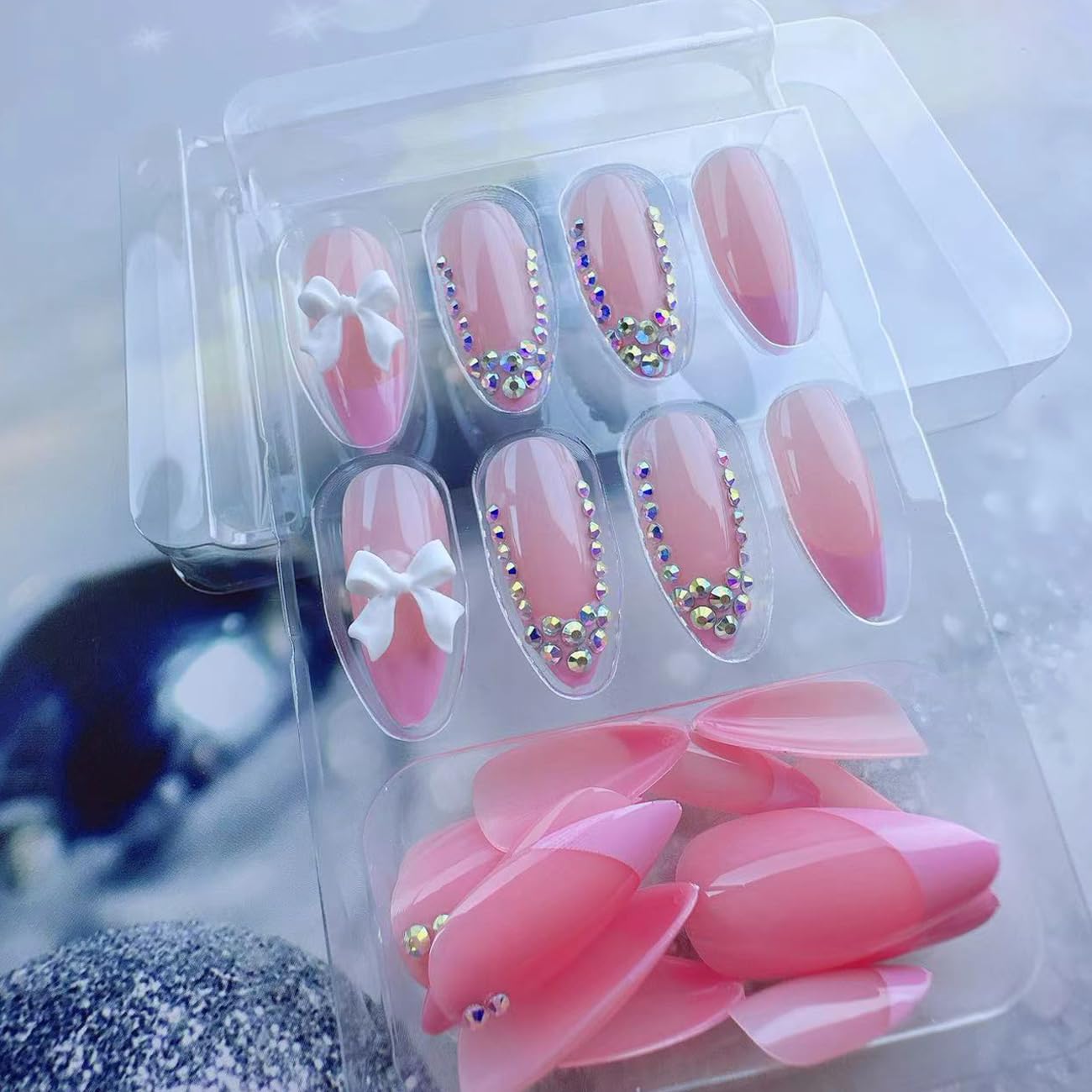 24Pcs French Tip Press on Nails with Pink Bow Design French Nails Press ons Cute Bow Stick on Nails Short Acrylic Rhinestone Sparkly False Nails Gel Glue on Nails Artificial Nails for Women Girls