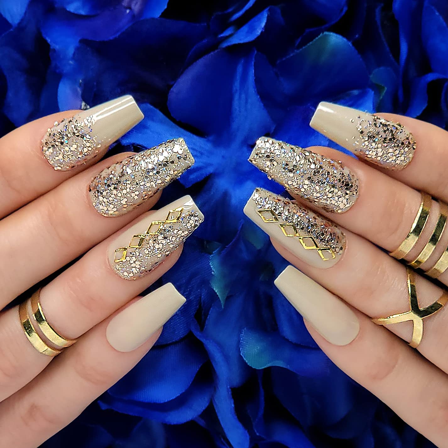 Hypnaughty Press On Nails - Vegas Gold and Nude Luxury Design with Ombre Glitter & Noir Black Matte Luxury Coffin, Trendy & Salon Quality Reusable Nails With Kit