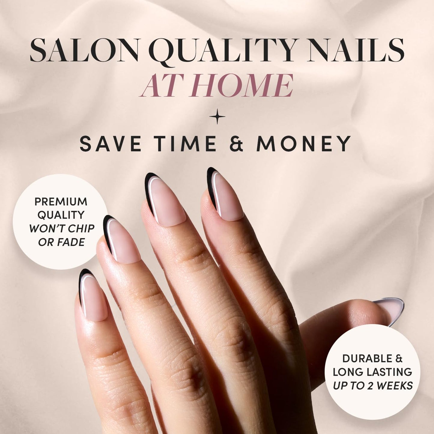 Glamnetic x GLAMZILLA Press-On Nails & Adhesive Nail Tabs - NO IN BETWEEN | Short Almond Fake Nails, Black & White Micro French Tips | 15 Sizes - 30 Nail Kit with Adhesive Tabs