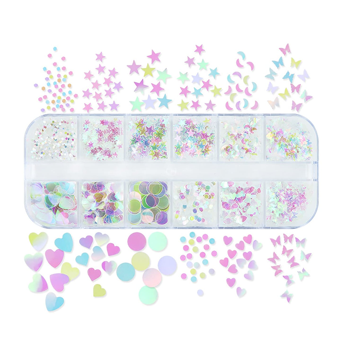 Iridescent Nail Art Glitter Sequins, Holographic 3D Ultra Thin Nail Art Glitter Flakes Designs, Heart Butterfly Round Star Acrylic Nails Supplies for Women Girls Manicure Decorations, DIY Nail Crafts