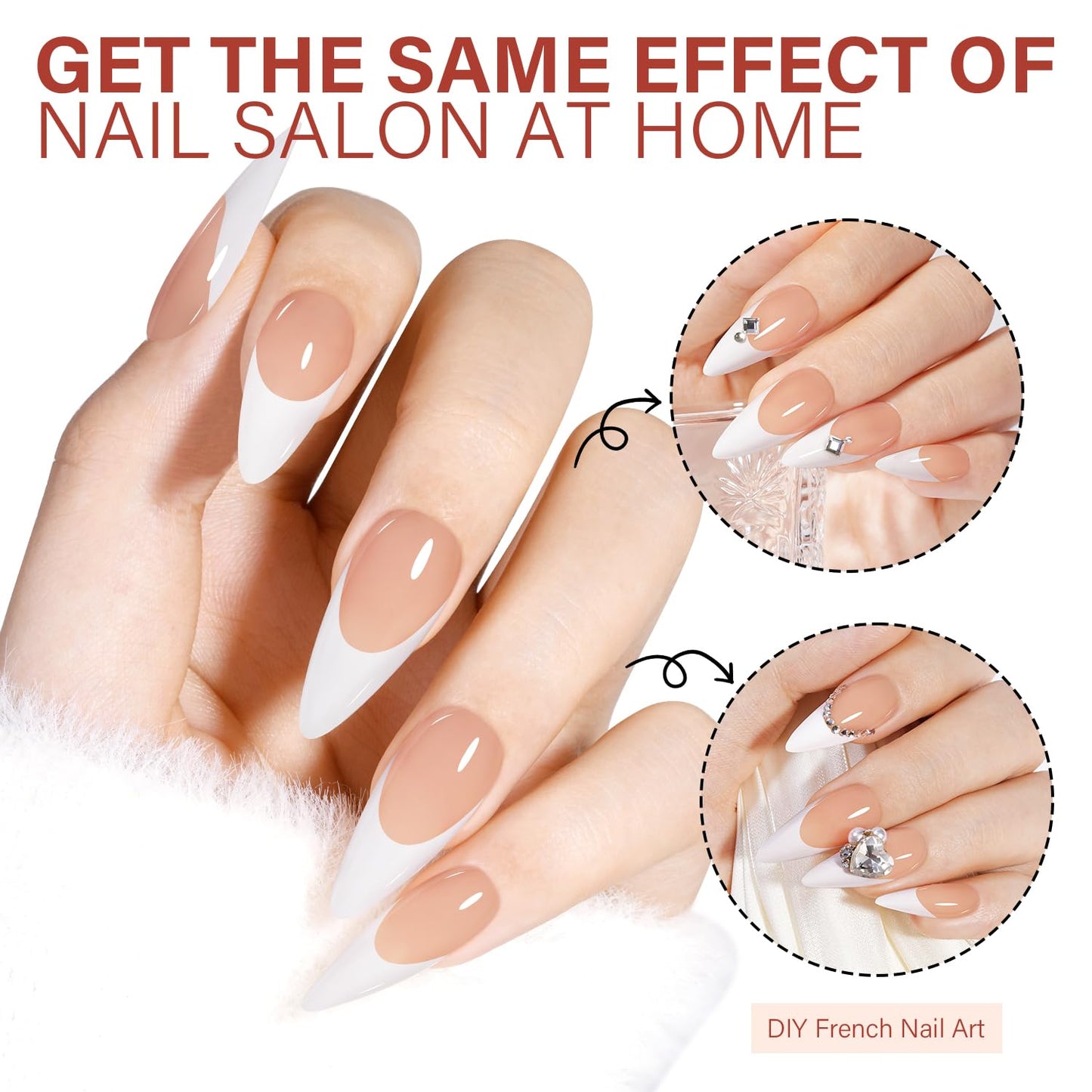 AILLSA French Gel Nail Tips, 180 Pcs French Tip Press On Nails Long Almond Brown, Pre-Applied Primer & Base Coat, No Need File, Long Almond Nails Tips, Fake Nails for Nail Art DIY 15 Sizes
