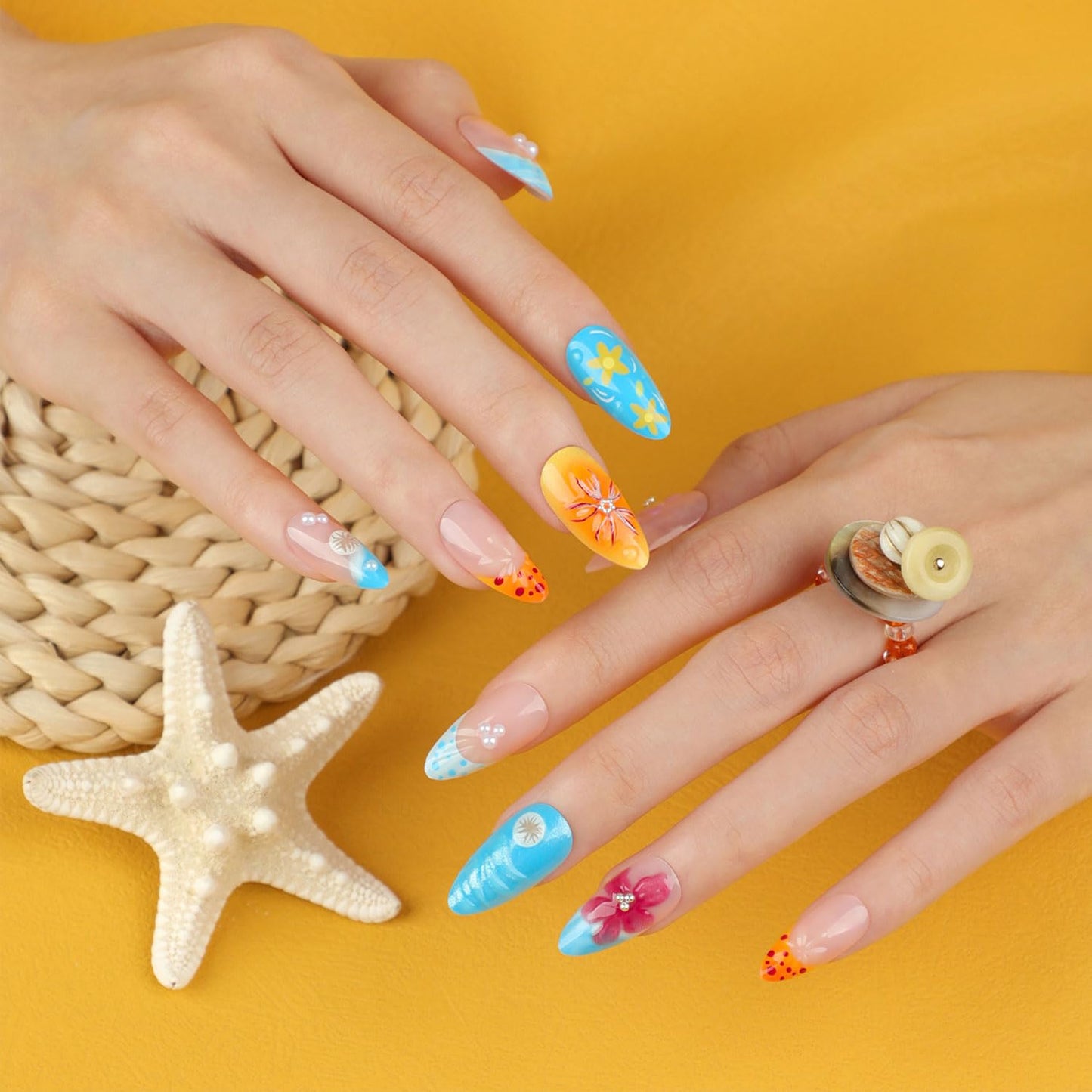 24 Pcs 3D Flower Press on Nails Medium Almond Fake Nails with Pearl Floral Designs Full Cover Glue on Nails Glitter Acrylic Blue and Yellow False Nail for Women
