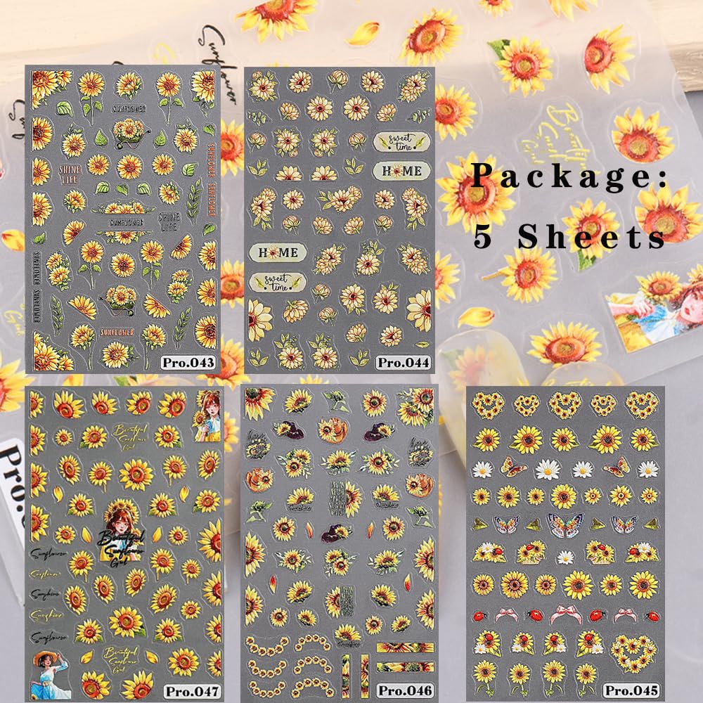5 Sheets SunflowerNail Stickers for Nail Art, 5D Embossing Daisy Self-Adhesive Flower Nail Decals, Butterfly Nail Supplies Nail Art Design Accessories for Women and Girls Manicure DIY Decoration