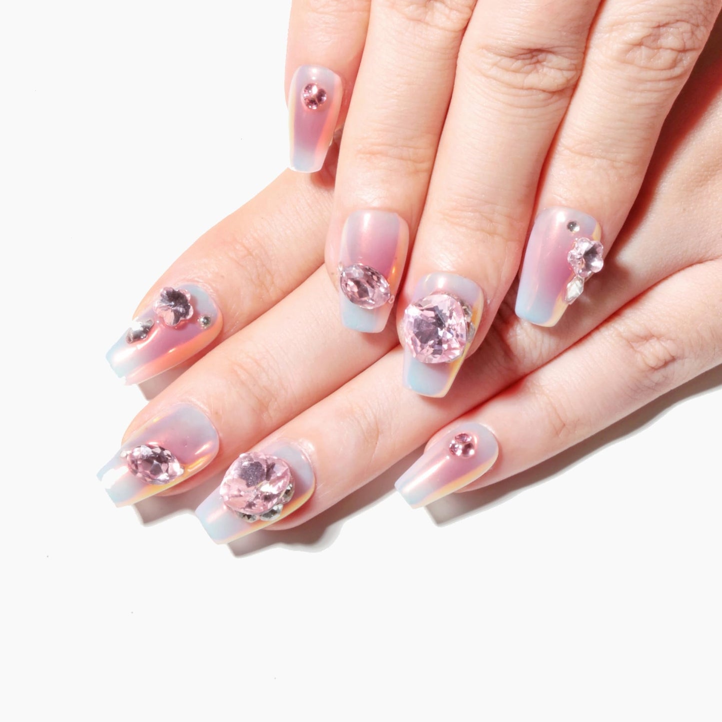 Sun&Beam Nails Handmade Press On Short Coffin Pink Metallic Design Charming Cute False Nail Tips 10 Pcs (#101 M)