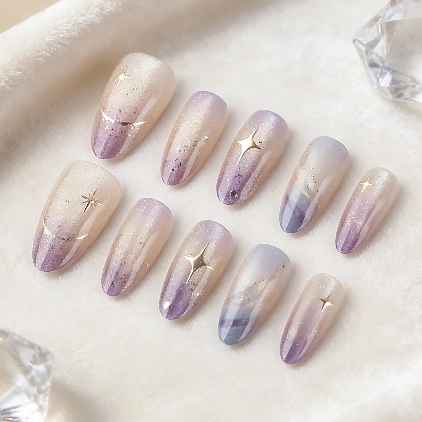 BABALAL Press On Nails, Medium Almond Fake Nails, Purple Blue Ombre With Gold Star, Glitter Finish Full Cover Glue On Nails For Women And Girls 24Pcs