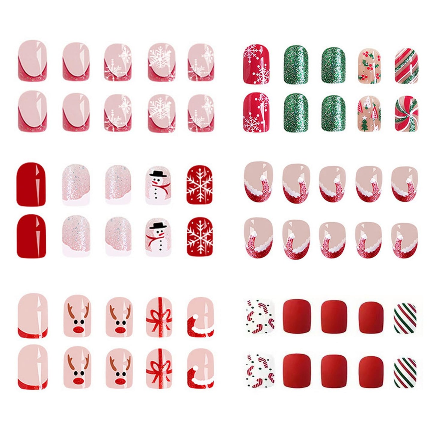 144 Pcs 6 Styles Christmas Press on Nails Kit Short Fake Nails Xmas Tree Snowflake Elk Santa's Hat Designs French Tip Sparkly Acrylic Nails Full Cover Glitter False Nail Set for Women Nail Art DIY